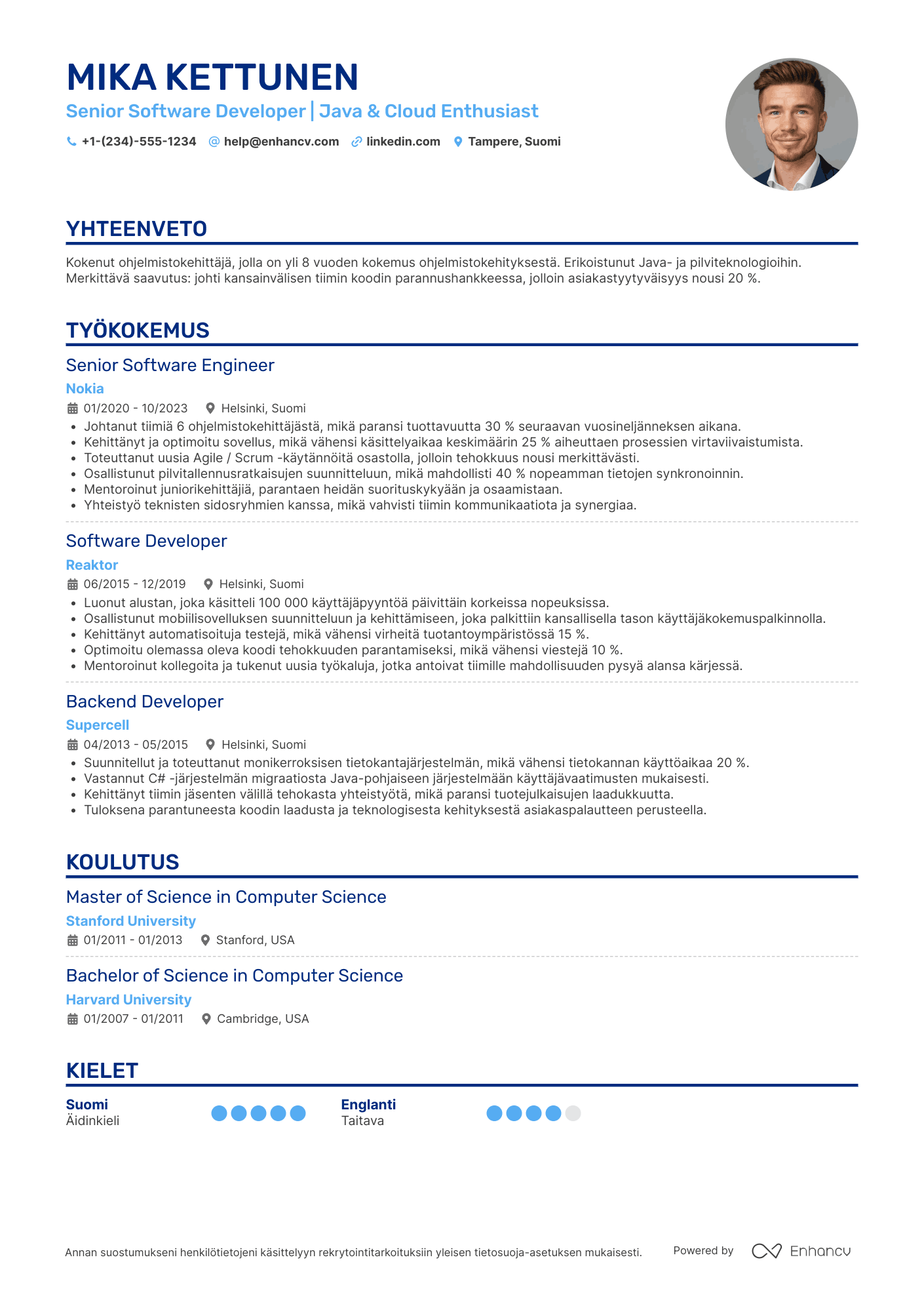 Ansioluettelo Ohjelmistokehittäjä Senior Resume Example