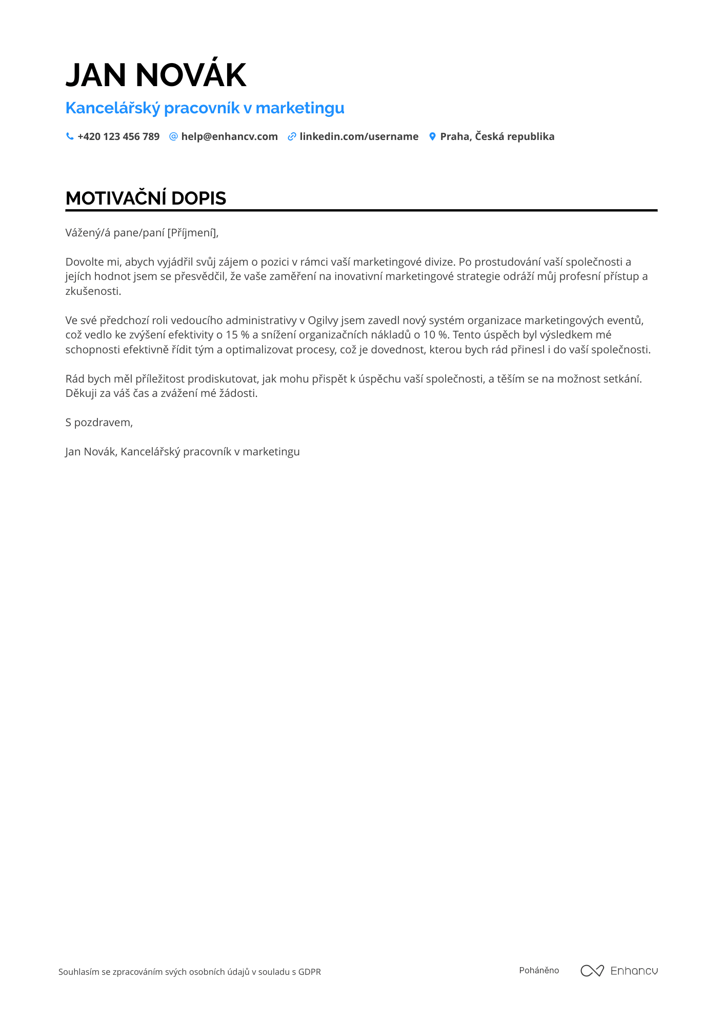 Motivační dopis pro Kancelářský pracovník v marketingu Resume Example