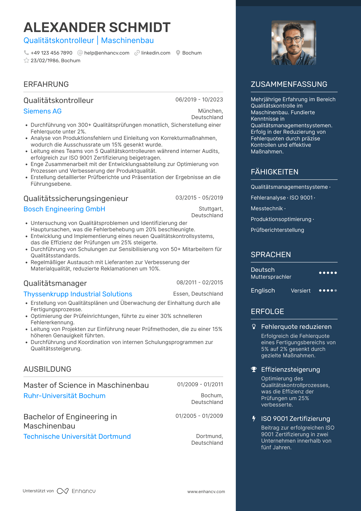 Lebenslauf in Qualitätskontrolleur im Maschinenbau Resume Example