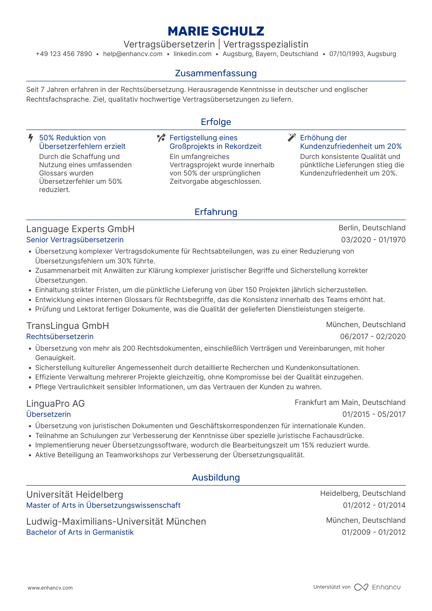 Lebenslauf als Vertragsübersetzer Resume Example