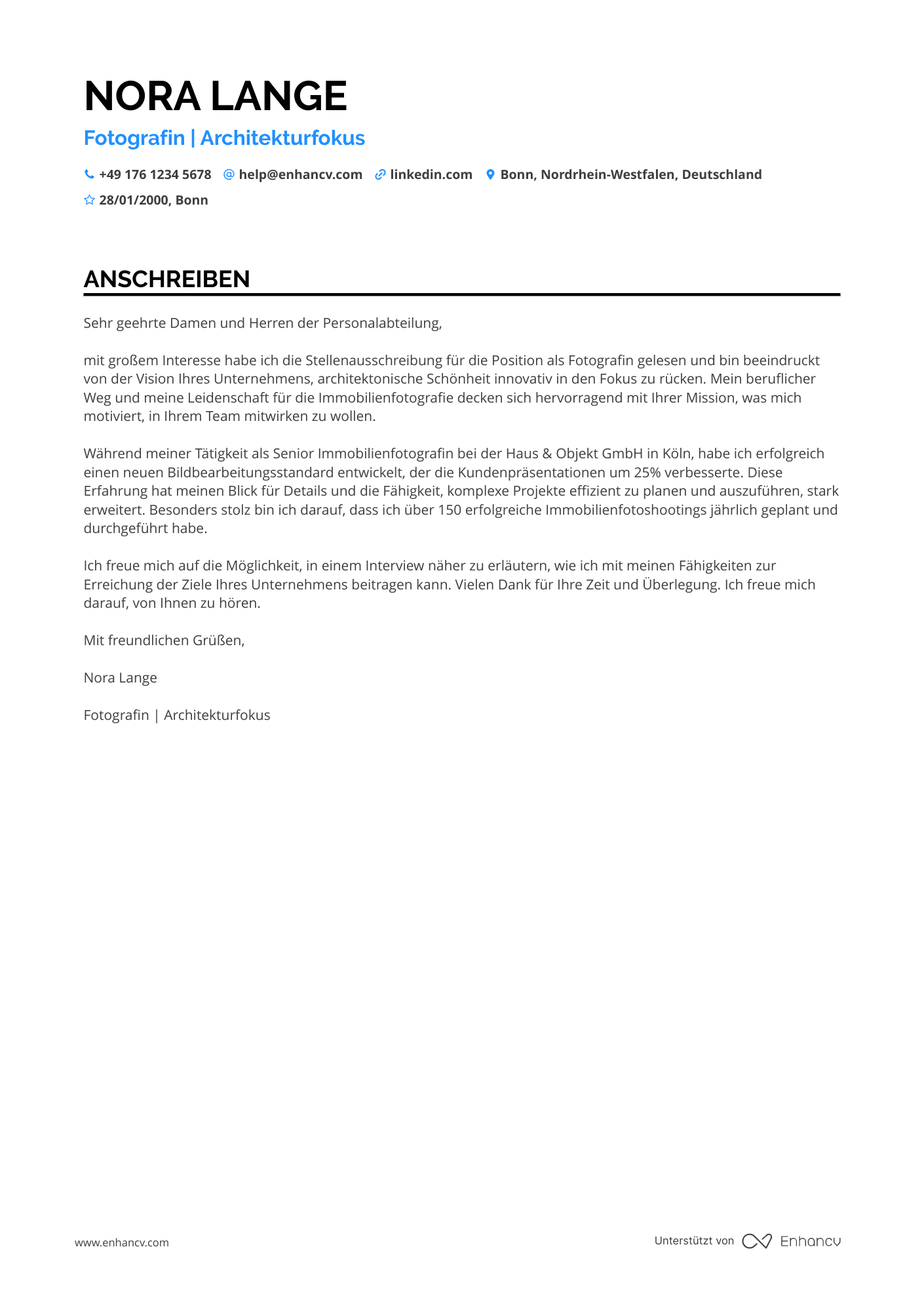 Fotograf für die Immobilienbranche Resume Example