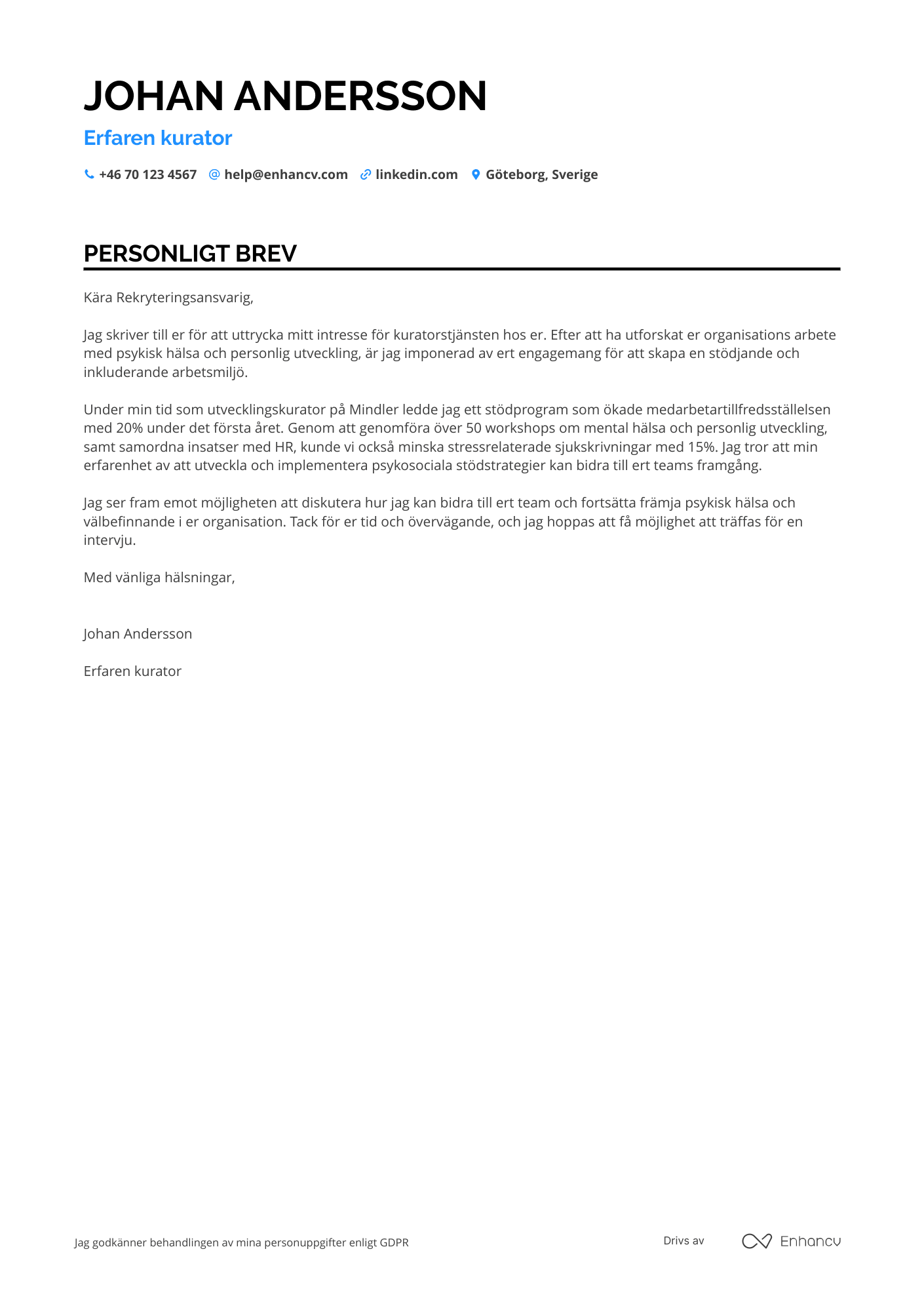 Personligt brev för Utvecklingskurator Resume Example