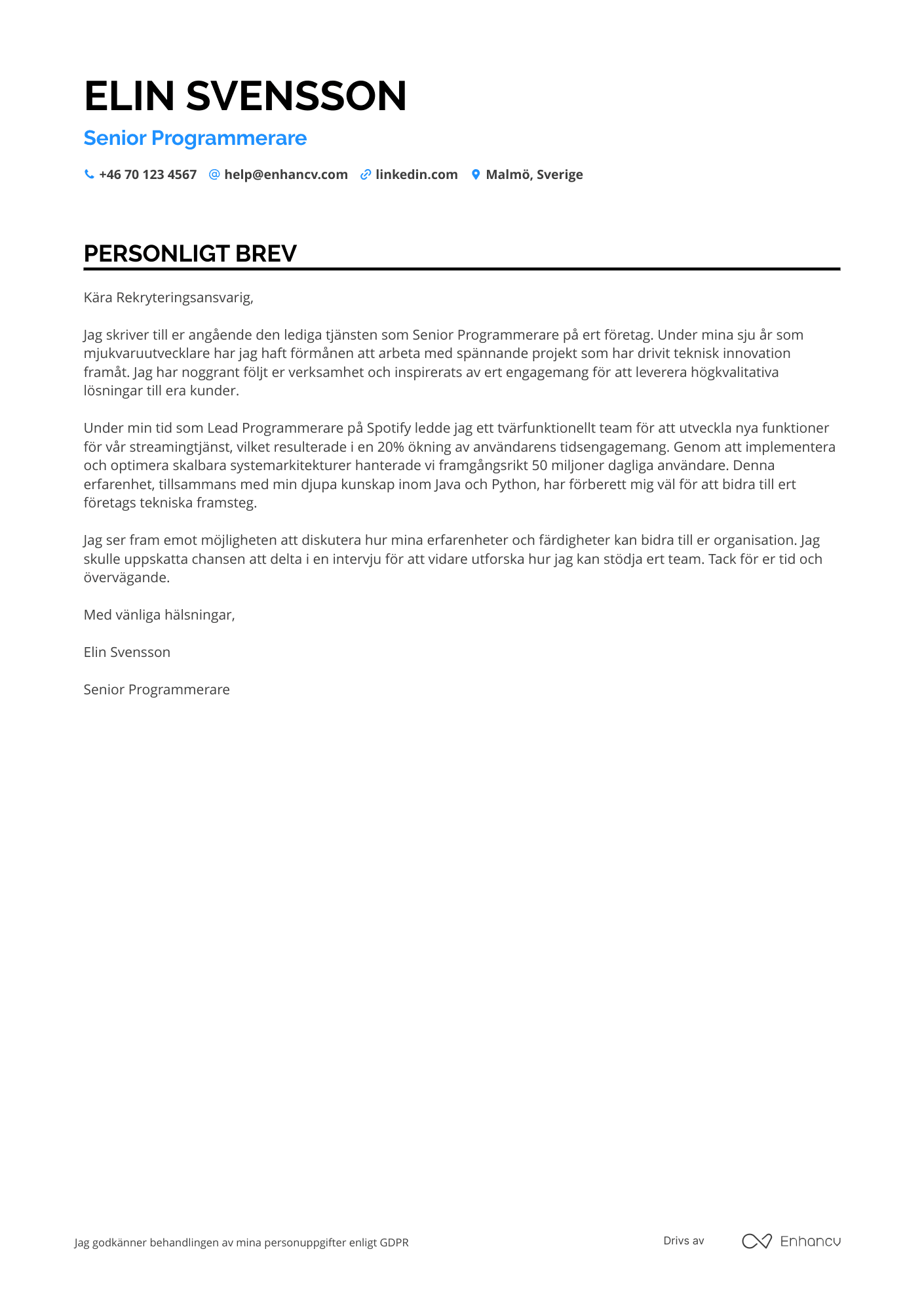 Personligt brev för Senior Programmerare Resume Example