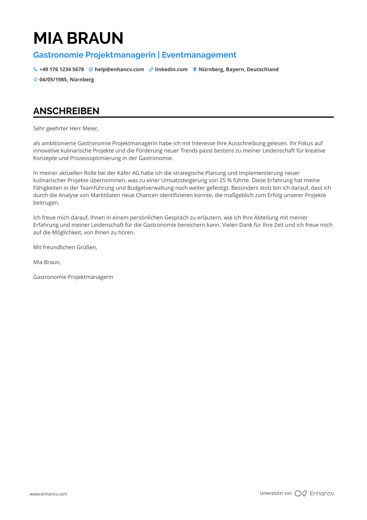 Gastronomie Projektmanager Resume Example