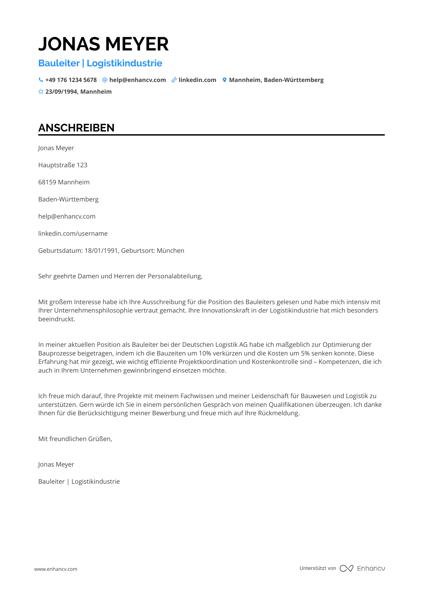 Bauleiter in der Logistikindustrie Resume Example