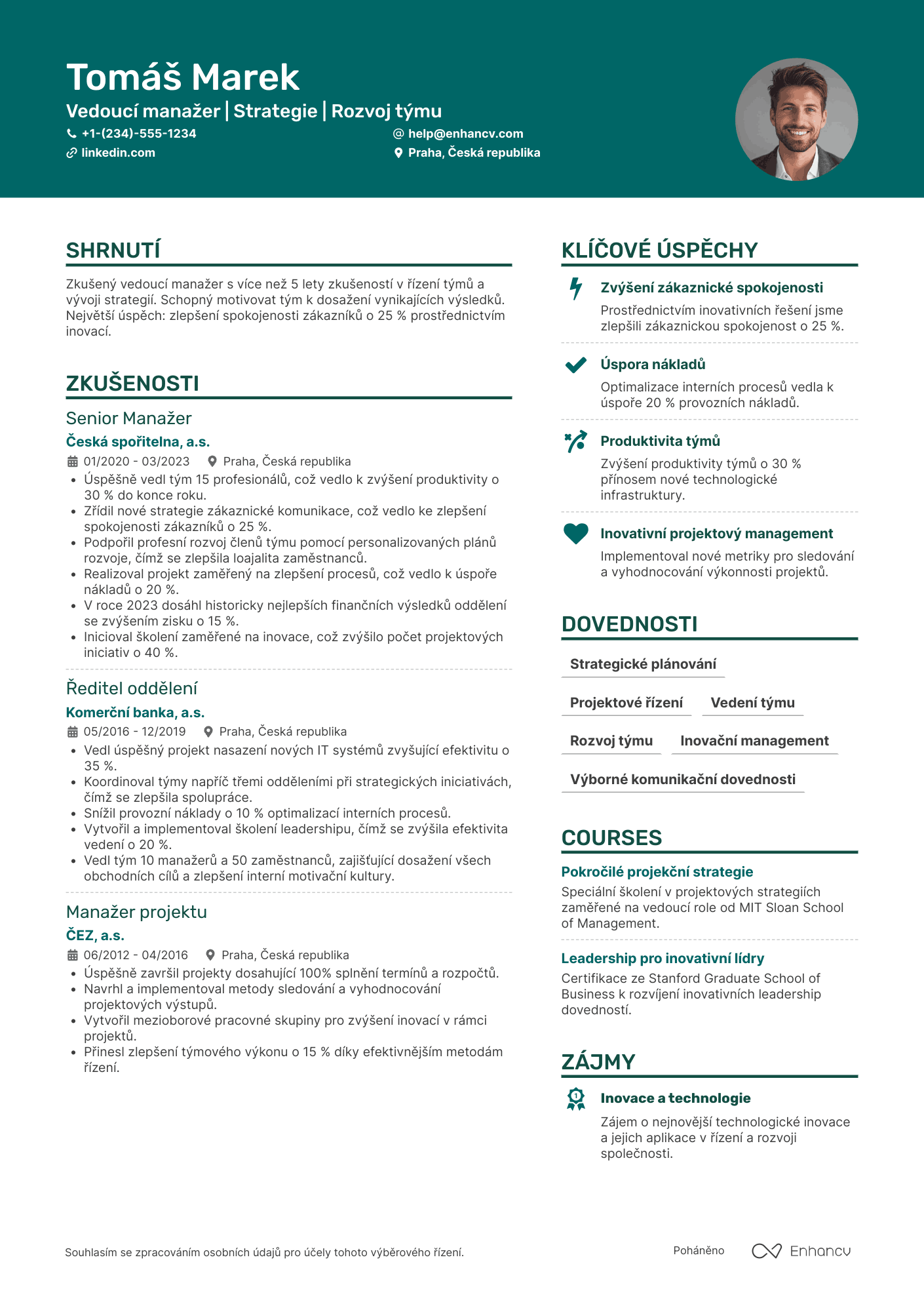Životopis pro Vedoucí manažer Resume Example