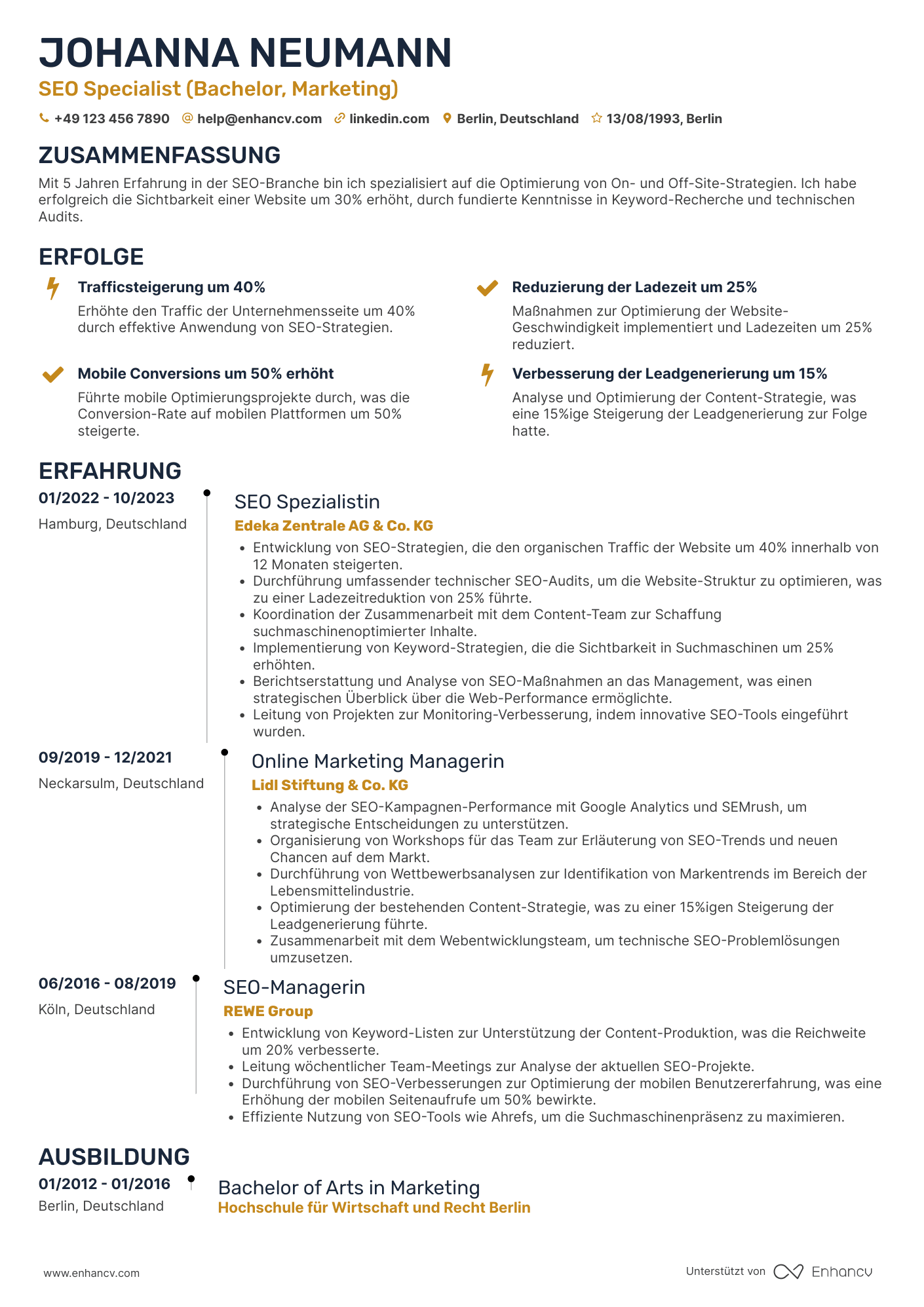 Lebenslauf in SEO Spezialist für die Lebensmittelindustrie Resume Example