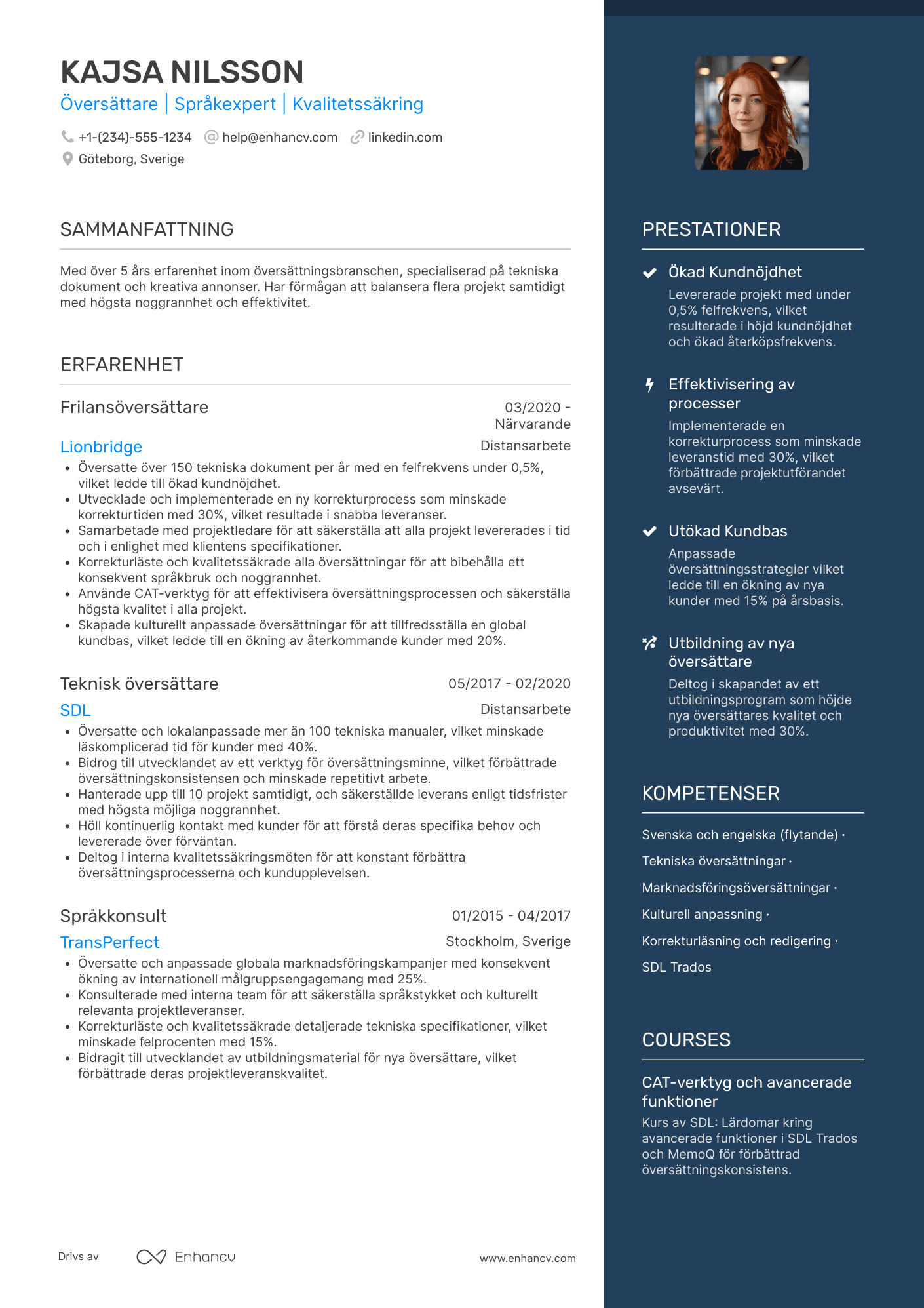 CV för Översättare Frilans Resume Example