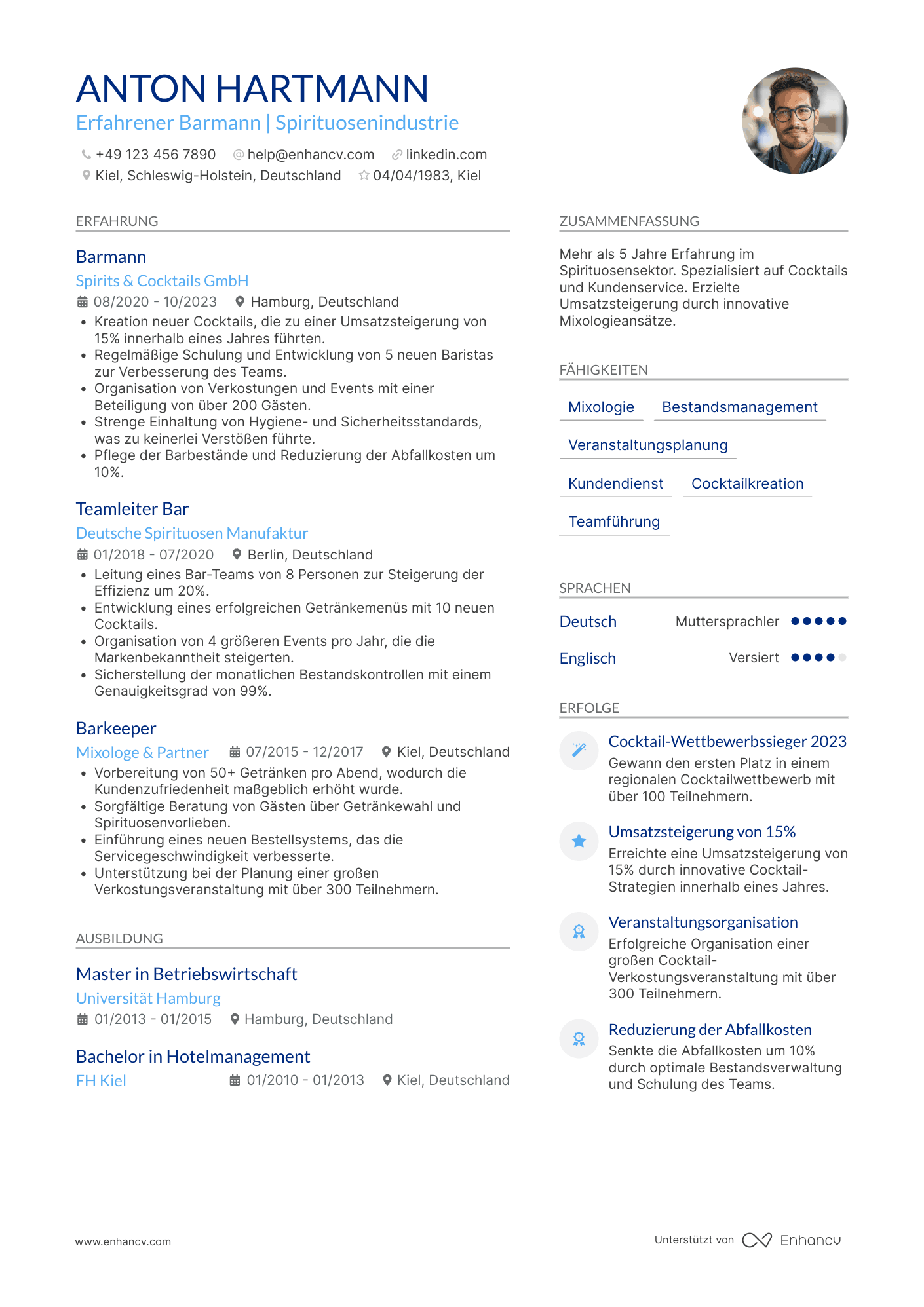 Lebenslauf in Barmann für Spirituosenindustrie Resume Example