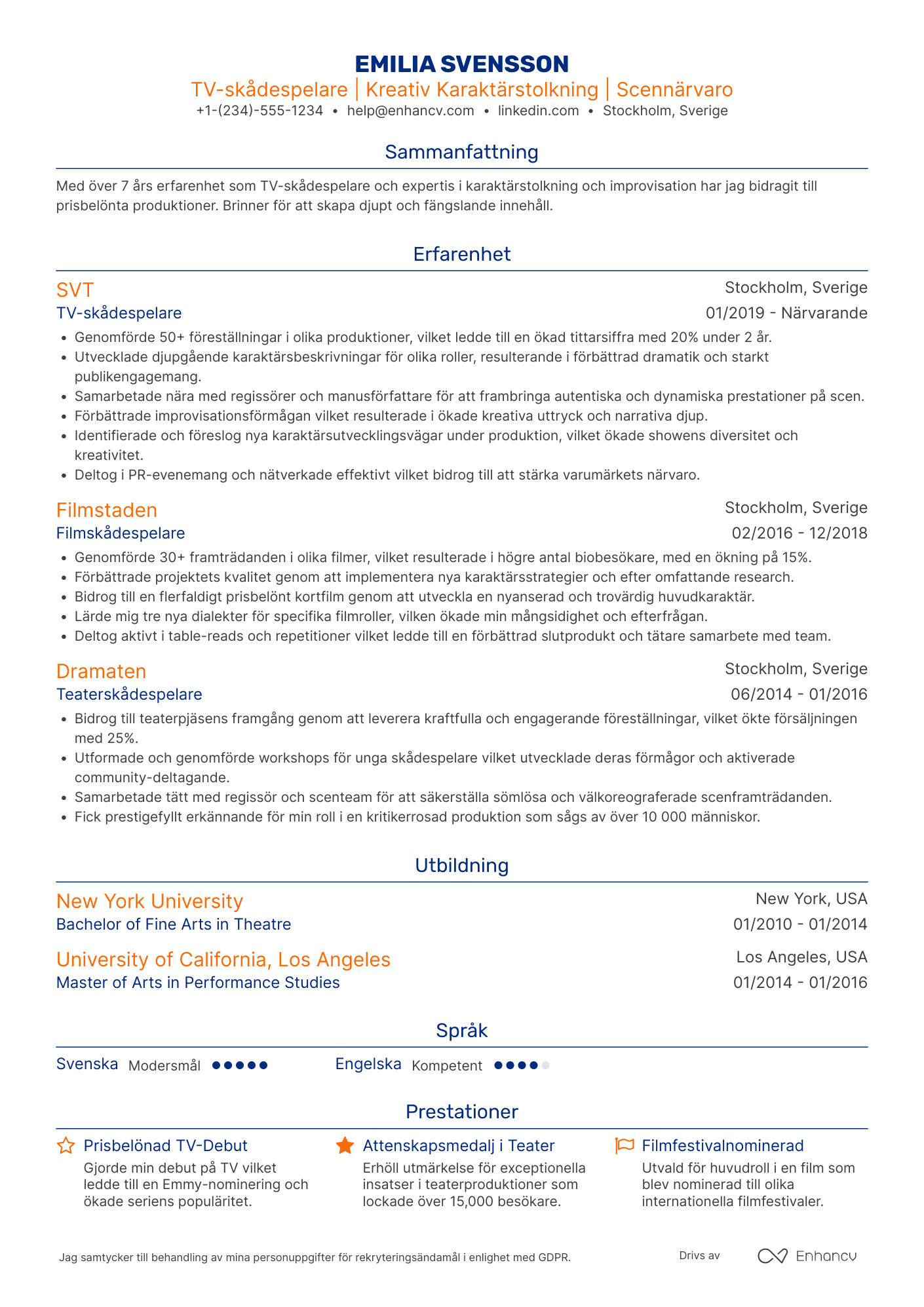 CV för TV skådespelare Resume Example