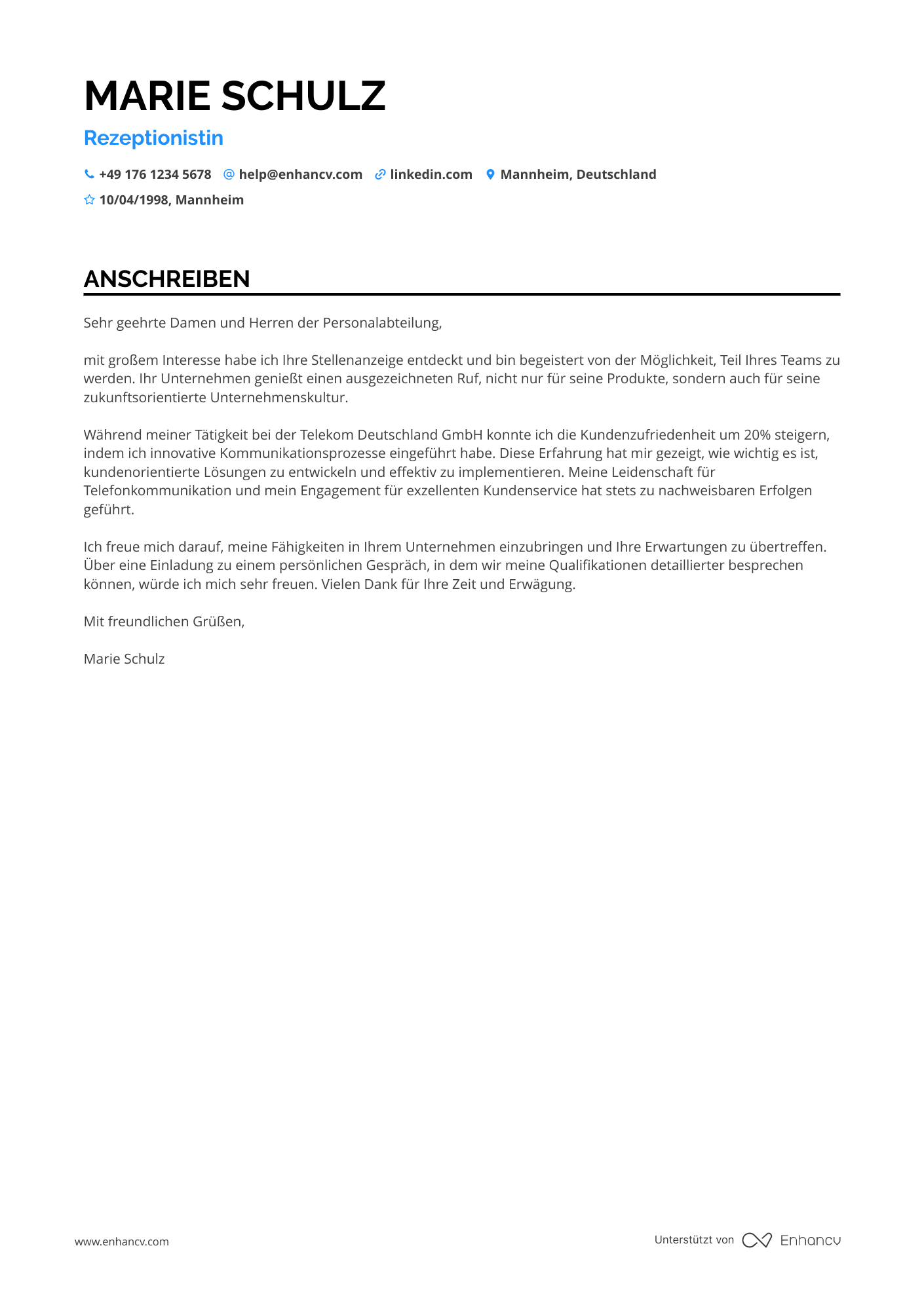 Rezeptionistin für Telefonservice Resume Example