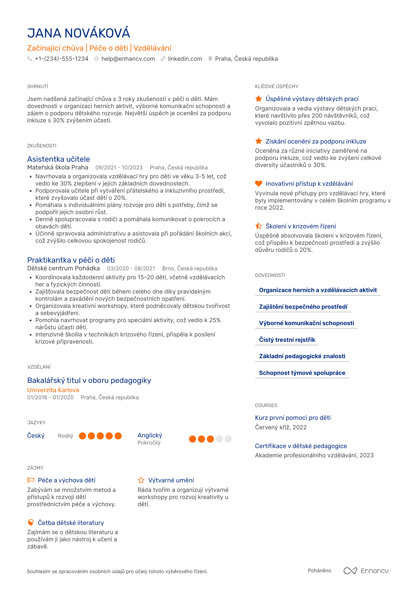Životopis pro Začínající chůva Resume Example