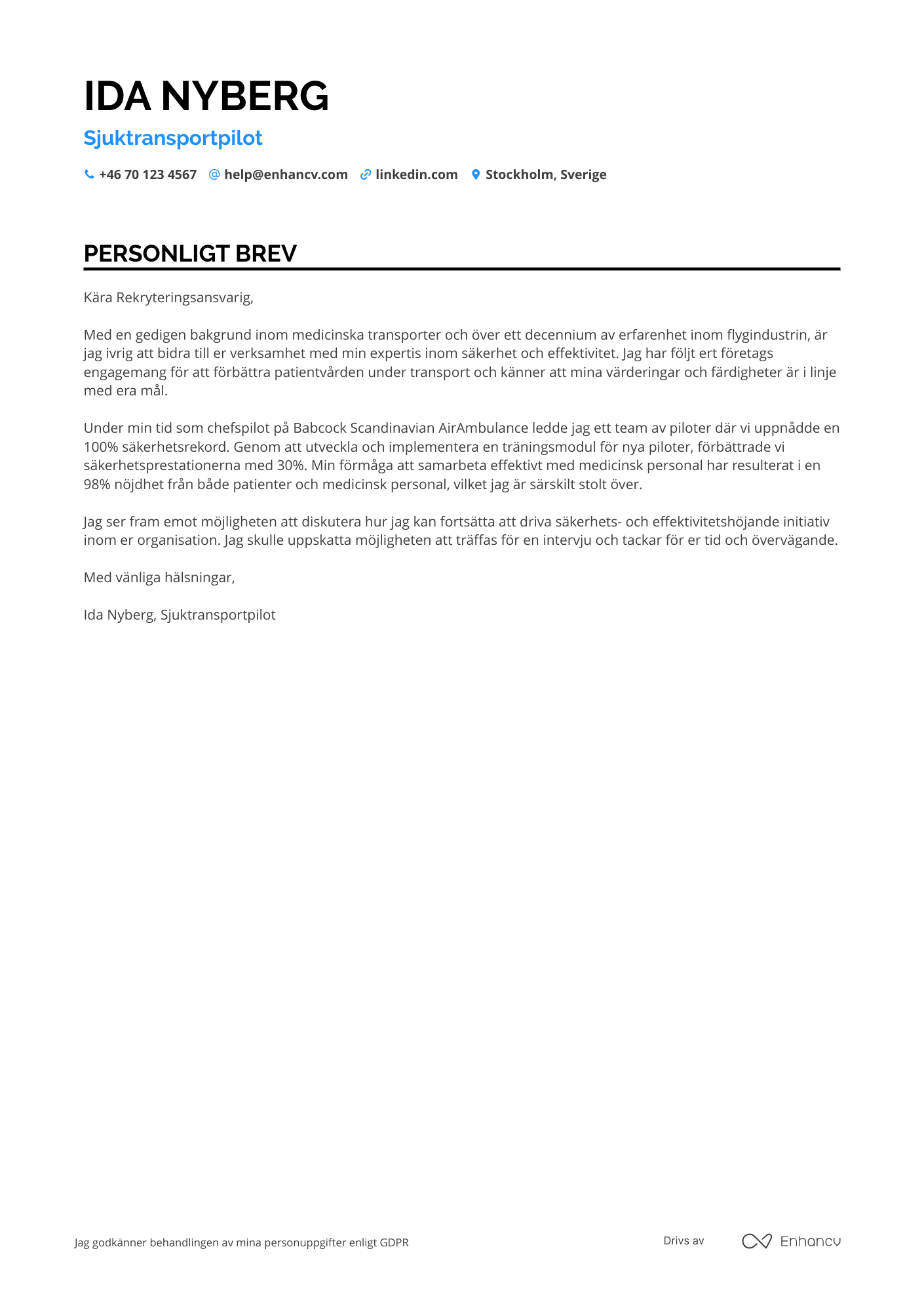 Personligt brev för Sjuktransportpilot Resume Example