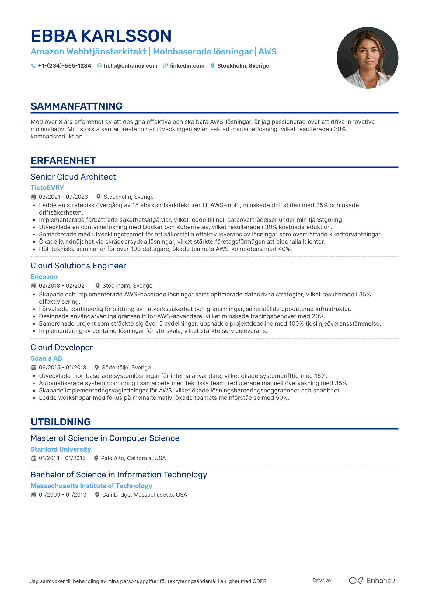 CV för Amazon Webbtjänstarkitekt Resume Example