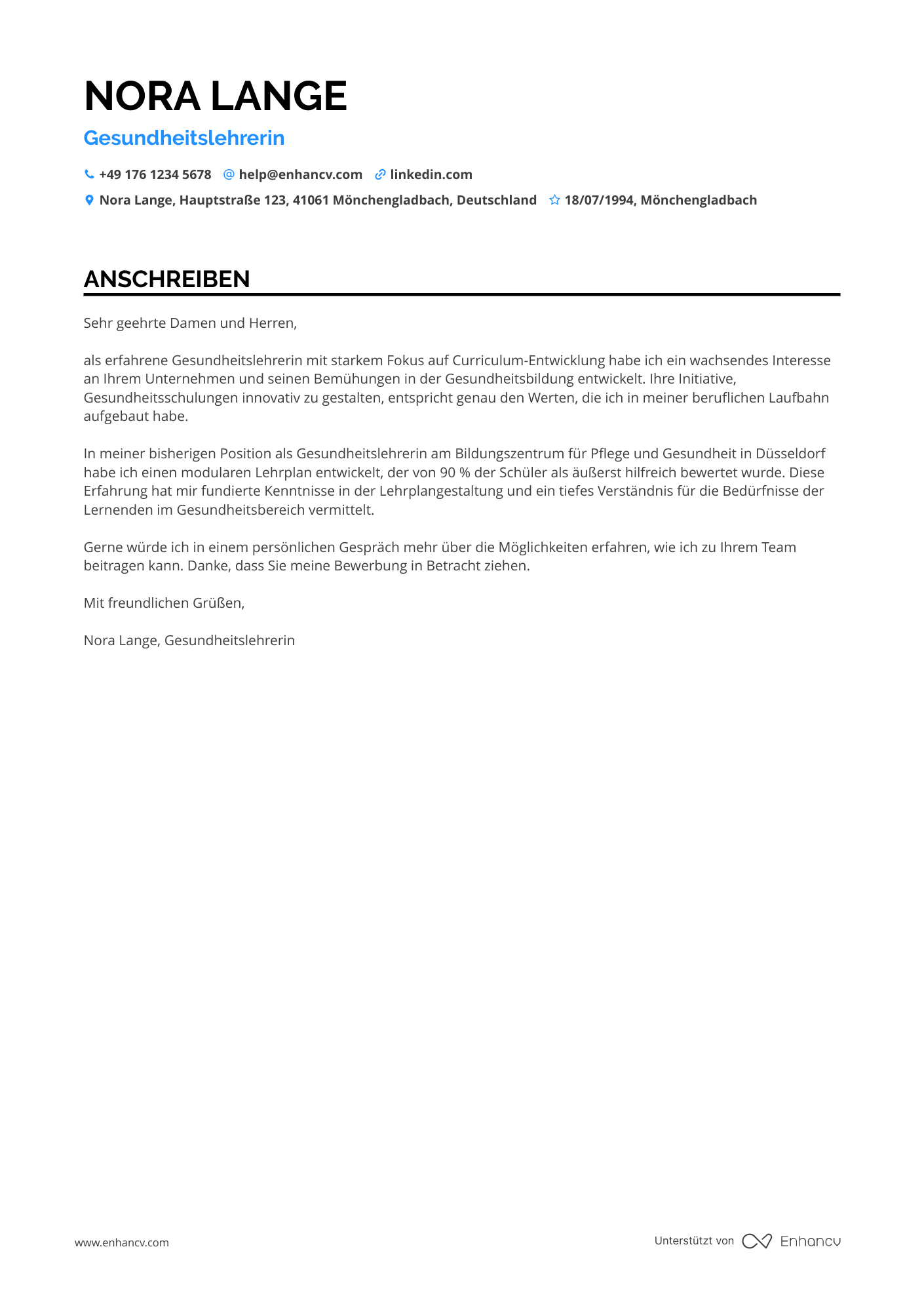 Lehrer im Gesundheitswesen Resume Example