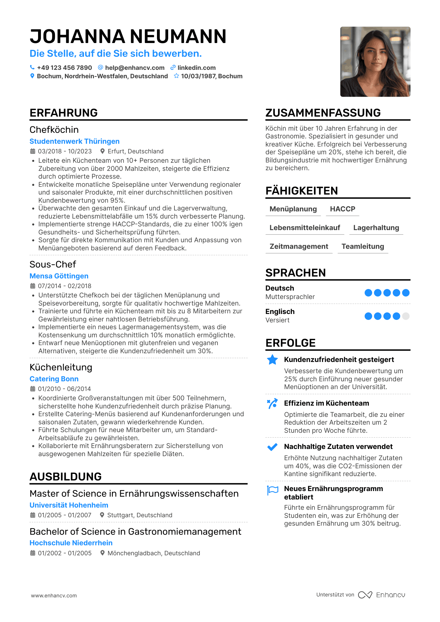 Lebenslauf in Koch in der Bildungsindustrie Resume Example