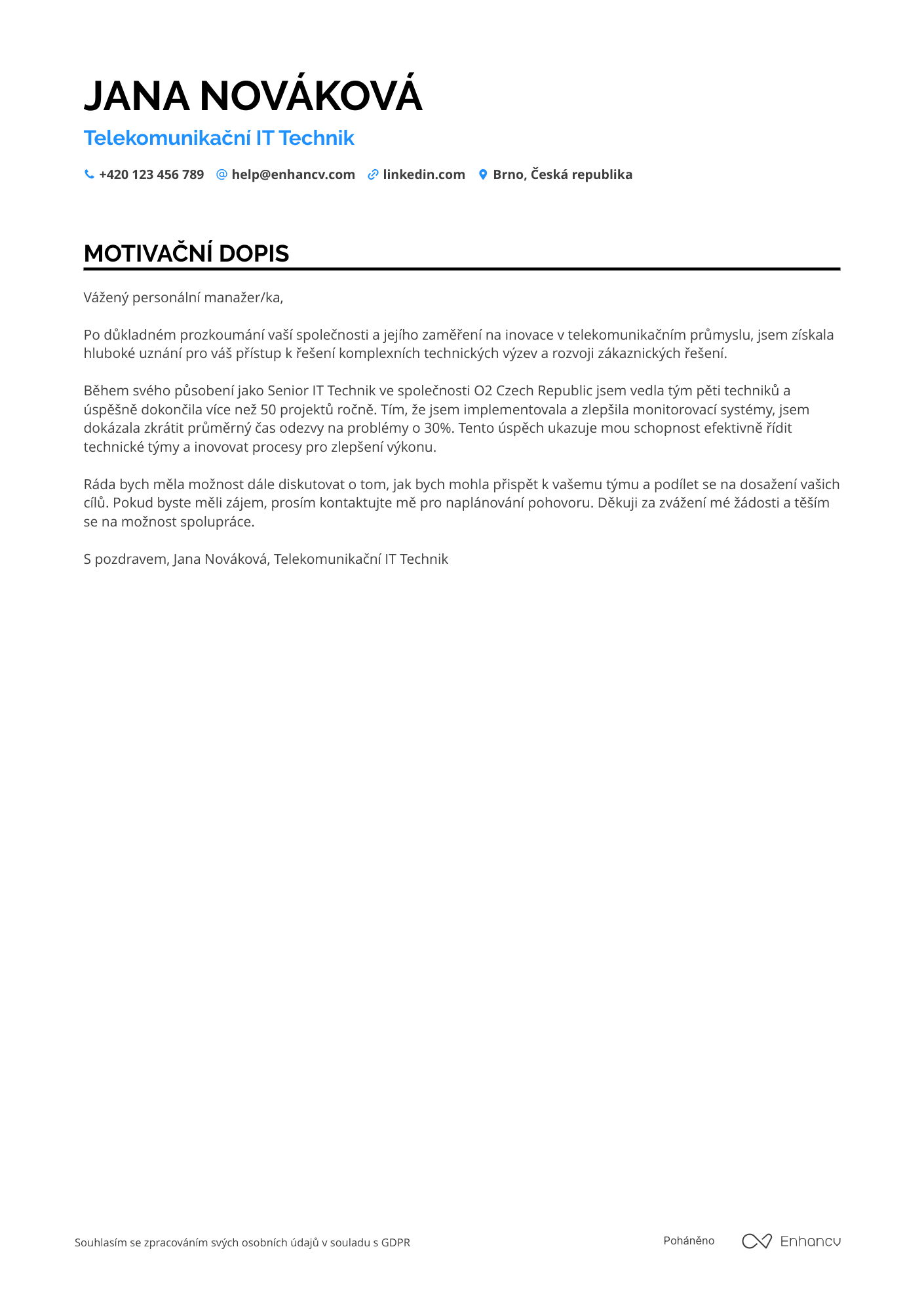 Motivační dopis pro IT Technik Telekommunikation Resume Example
