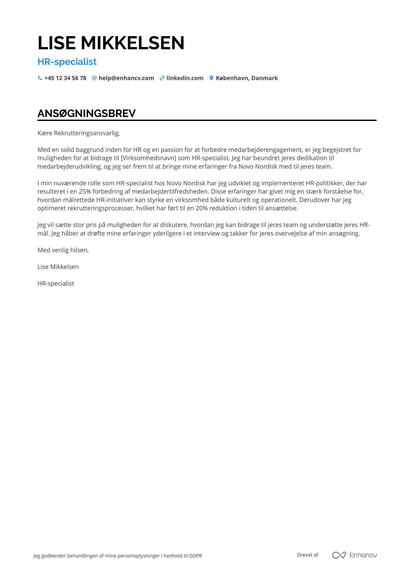 Ansøgningsbrev til HR specialist Resume Example
