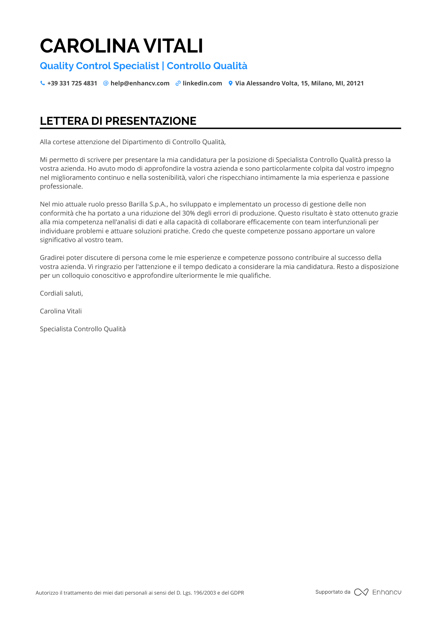 Meccanico di Macchine Alimentari Resume Example