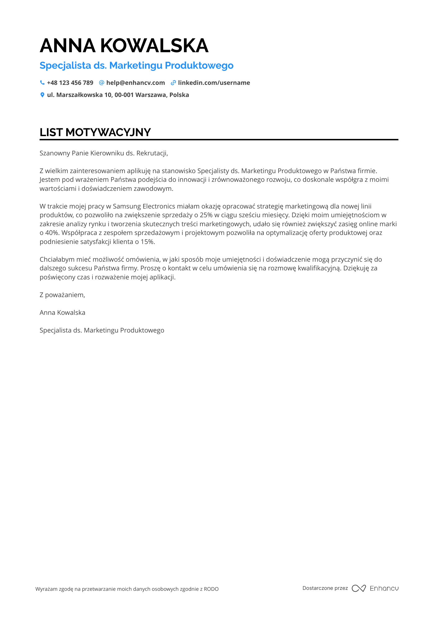 List motywacyjny dla Specjalista ds. Marketingu Produktowego Resume Example
