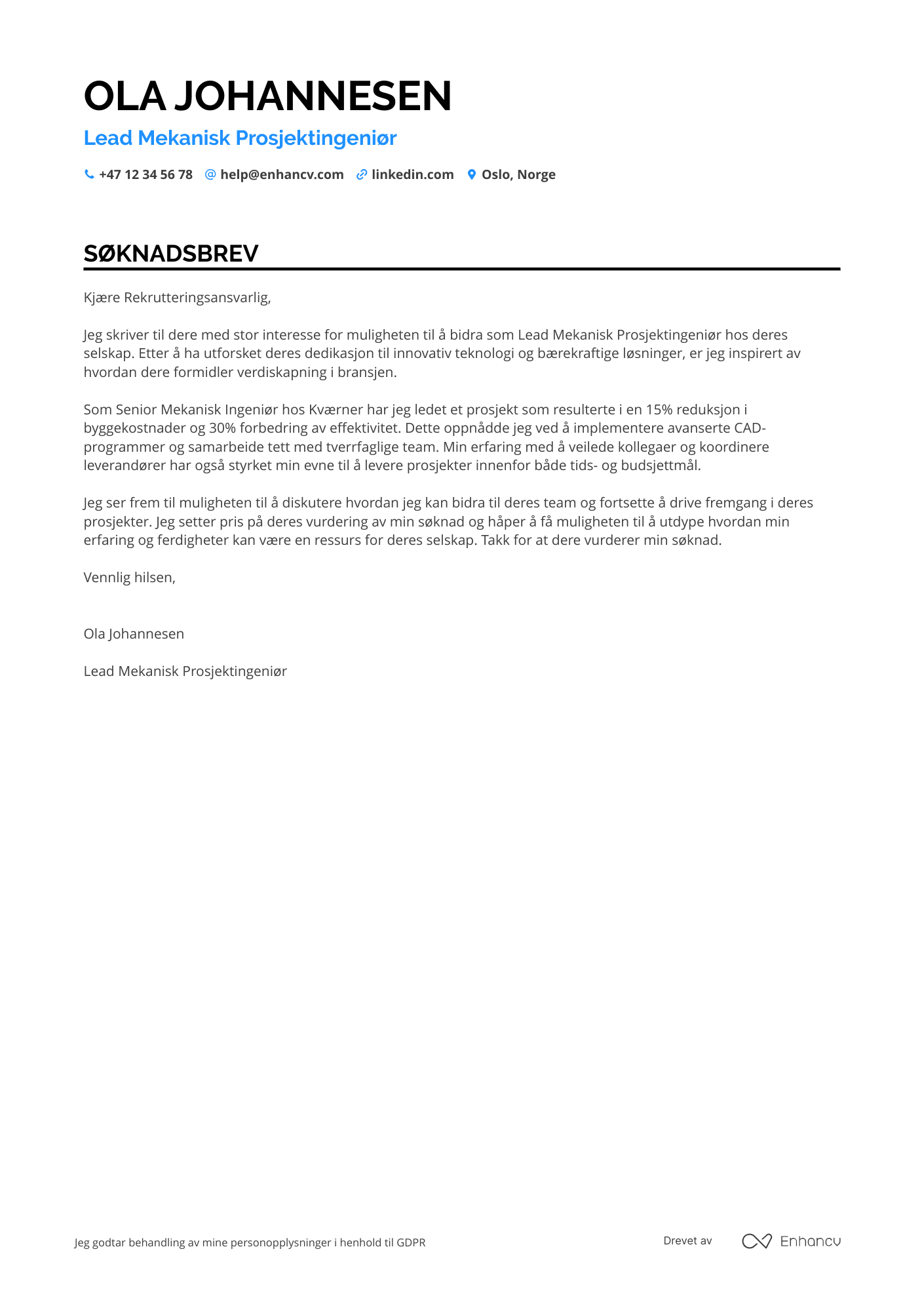 Søknadsbrev for Lead Mekanisk Prosjektingeniør Resume Example