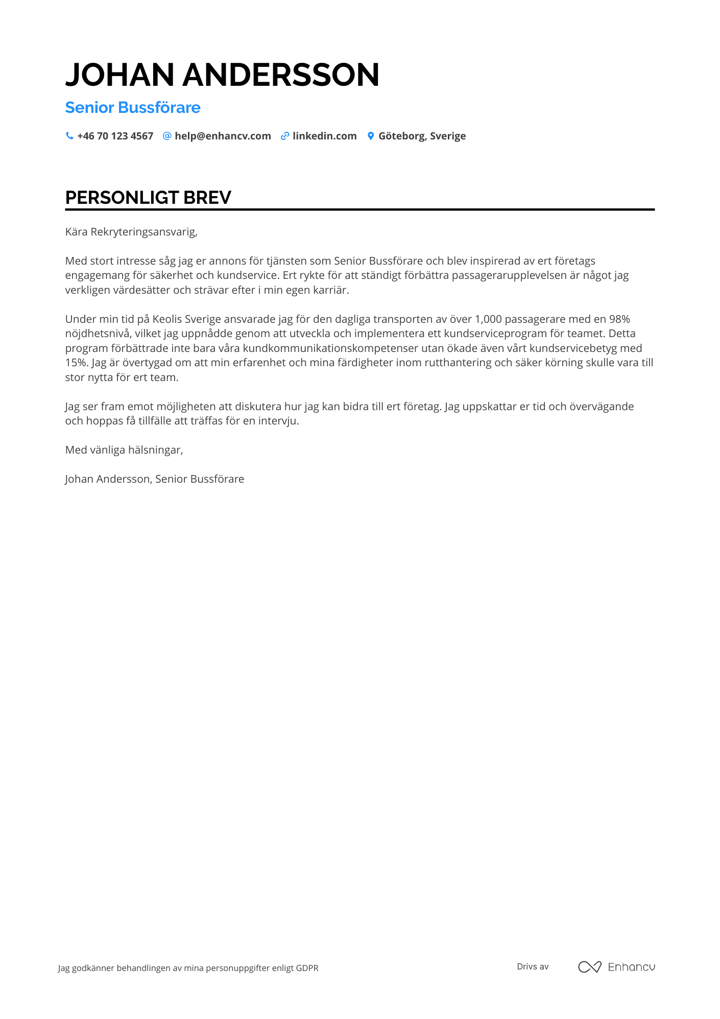 Personligt brev för Senior Bussförare Resume Example