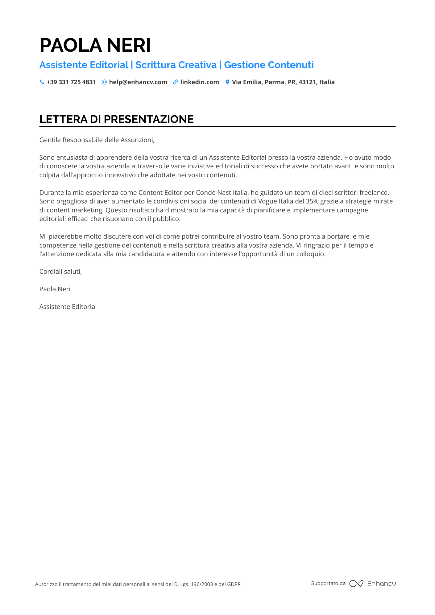 Segretaria di Redazione Resume Example