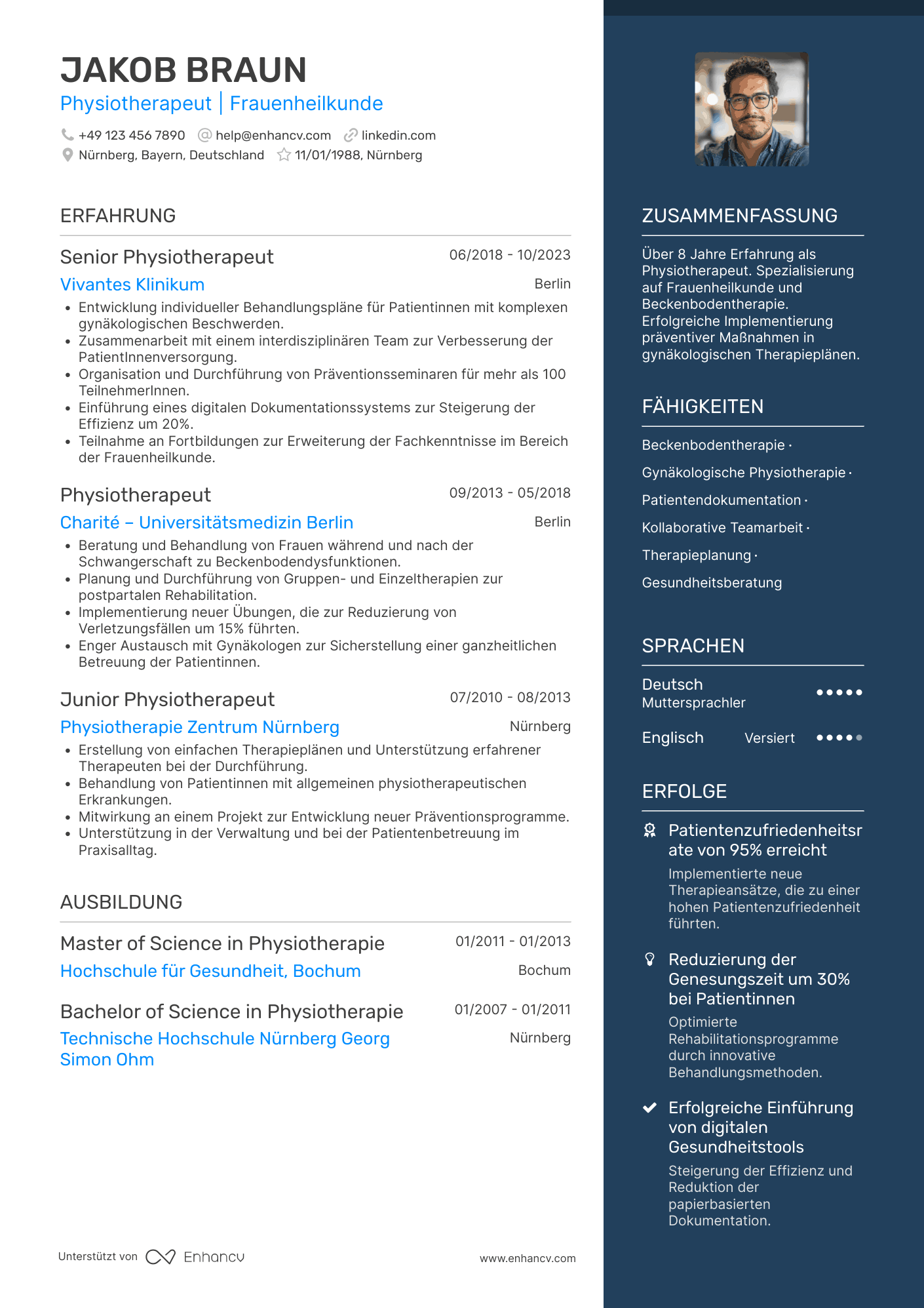 Lebenslauf als Physiotherapeut in der Frauenheilkunde Resume Example