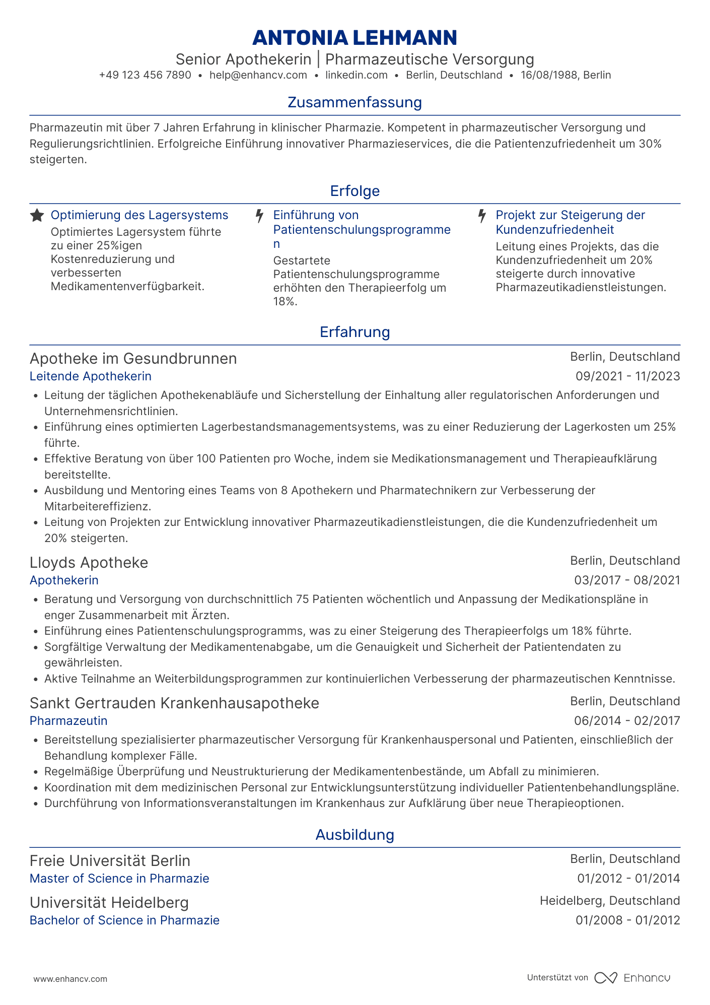 Lebenslauf als Senior Apotheker Resume Example