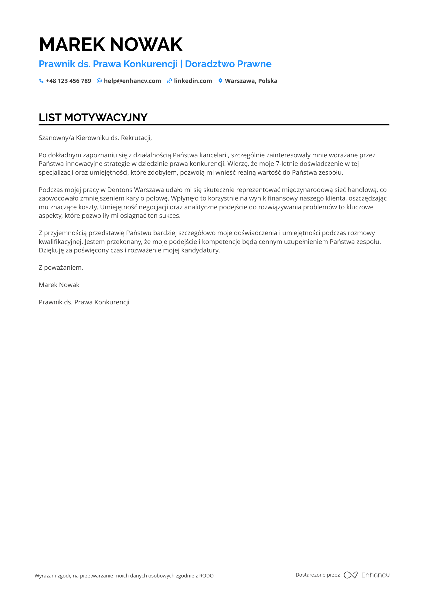 List motywacyjny dla Prawnik ds. Prawa Konkurencji Resume Example