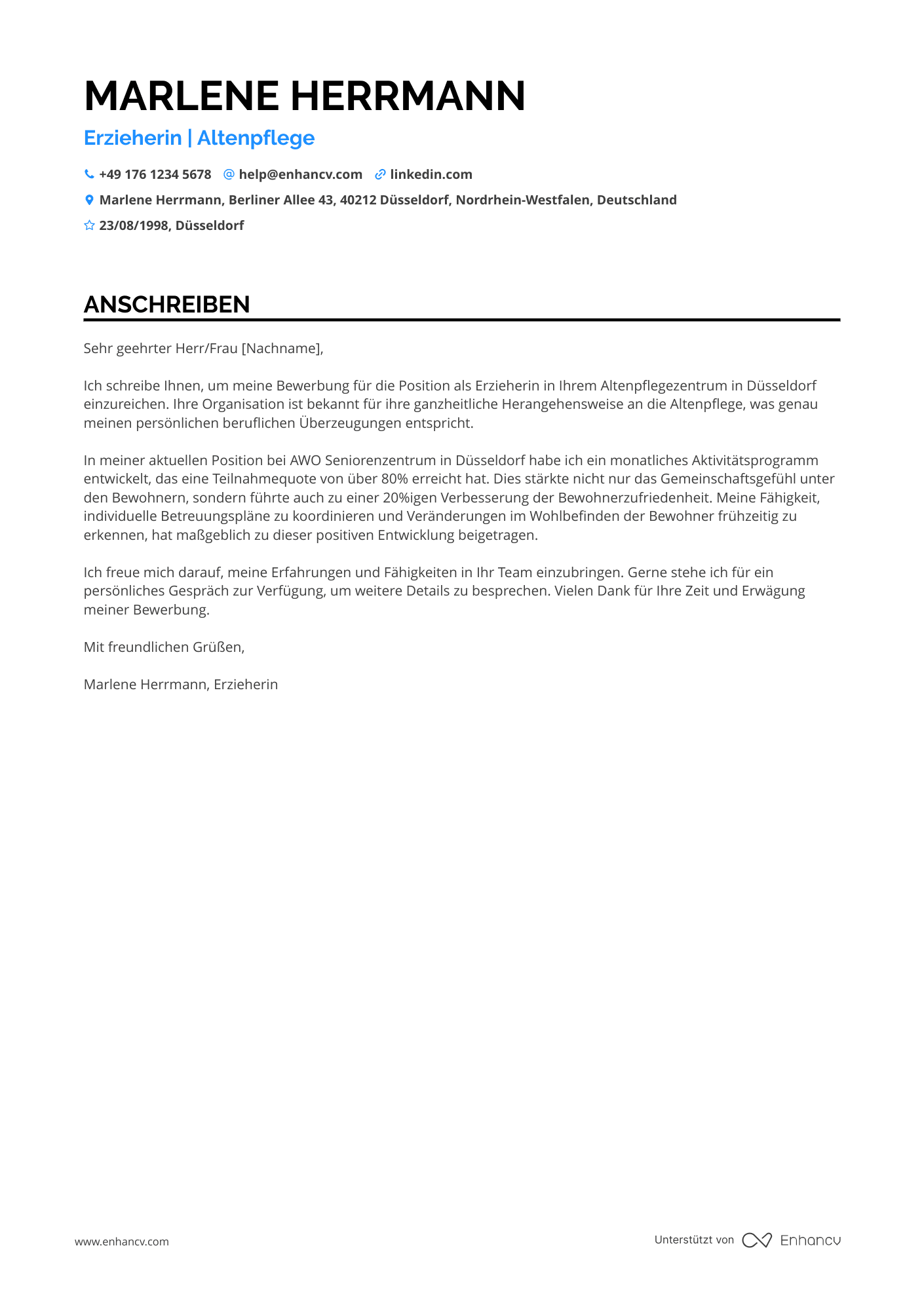 Erzieherin in der Altenpflege Resume Example