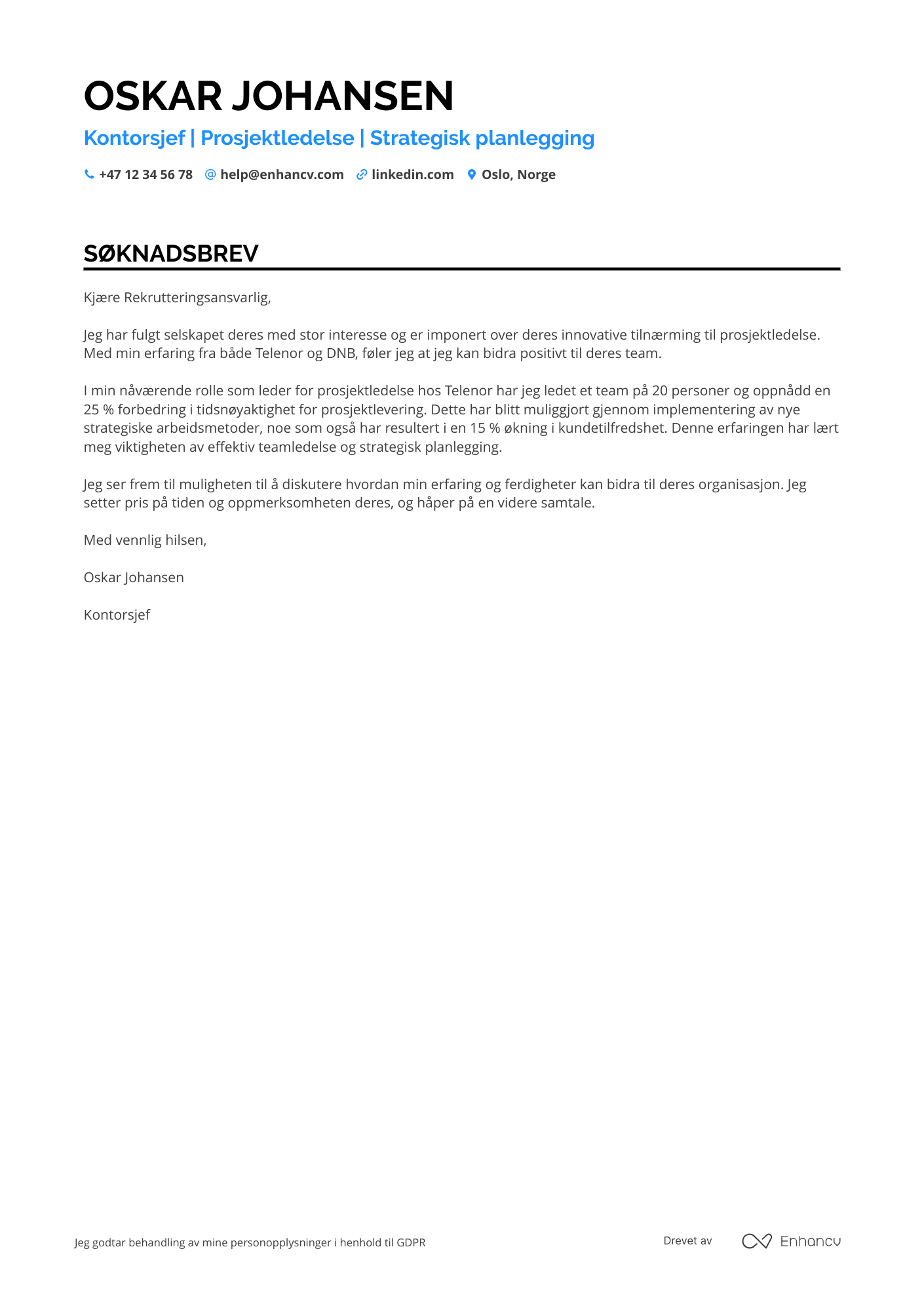 Søknadsbrev for Kontorsjef prosjektledelse Resume Example