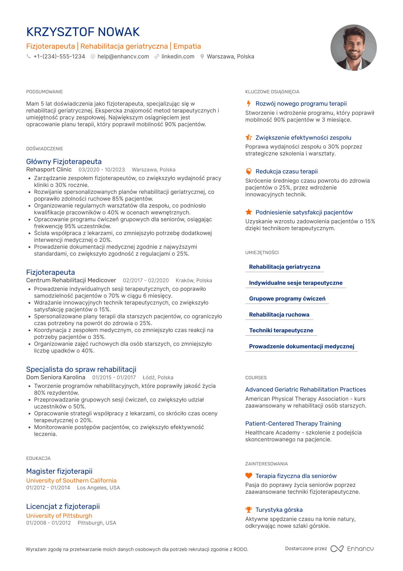 CV dla Fizjoterapeuta w Domu Opieki Resume Example