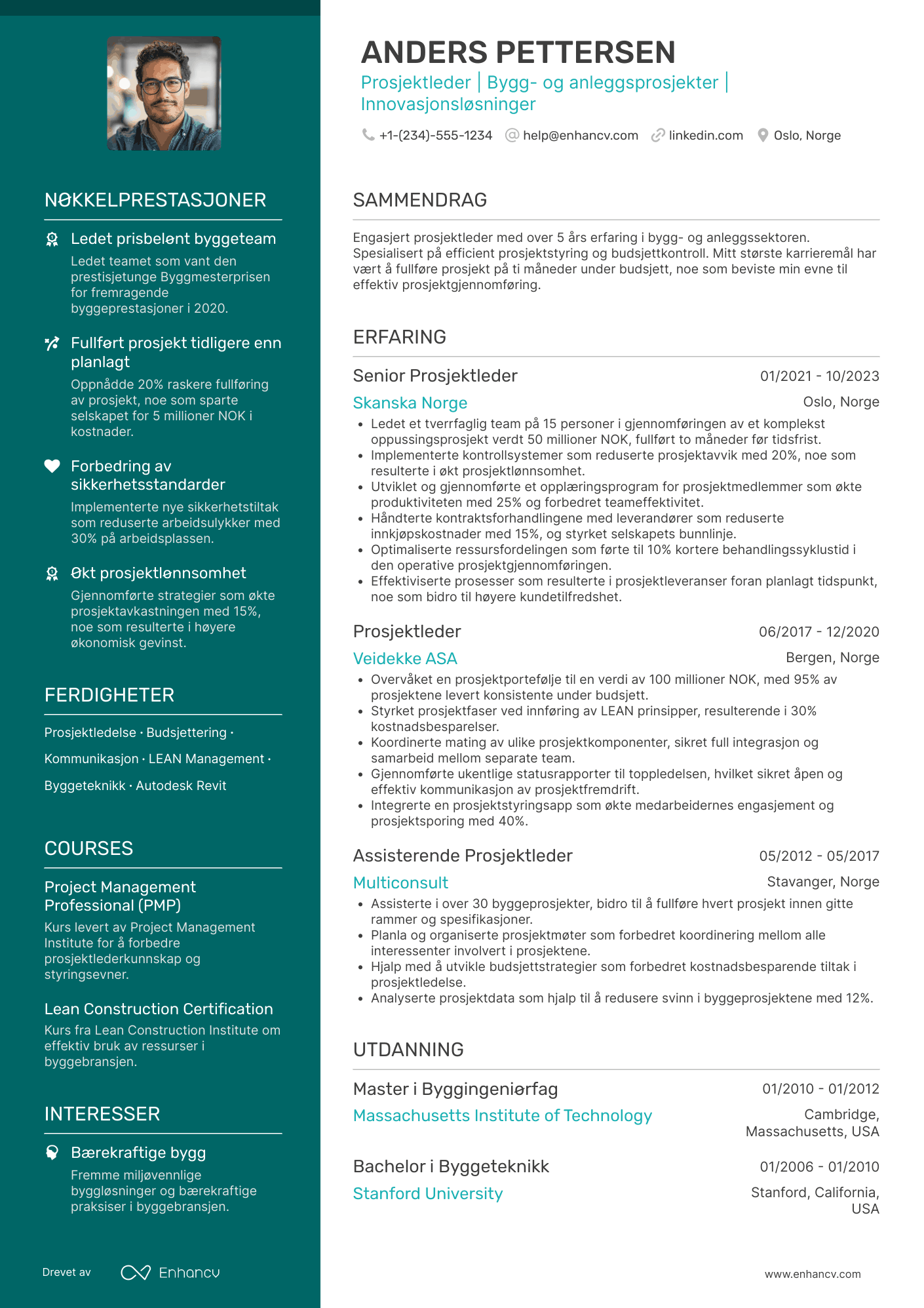 CV for Prosjektleder innen bygg Resume Example