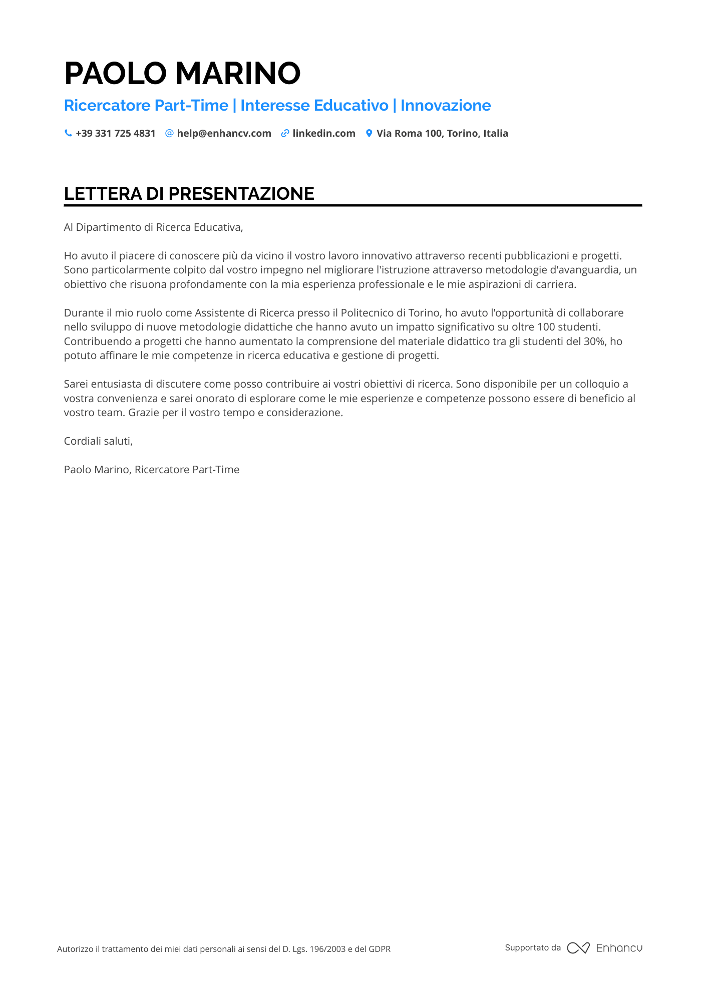 Istruttore di Laboratorio per Studenti Superiori Resume Example