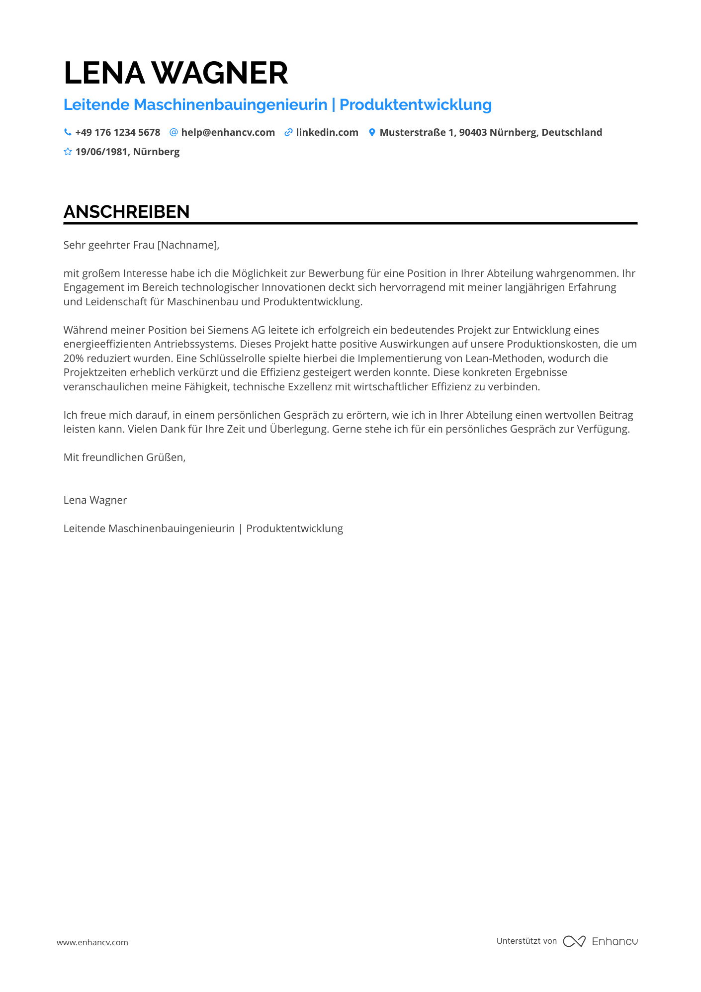 Leitender Maschinenbauingenieur Resume Example
