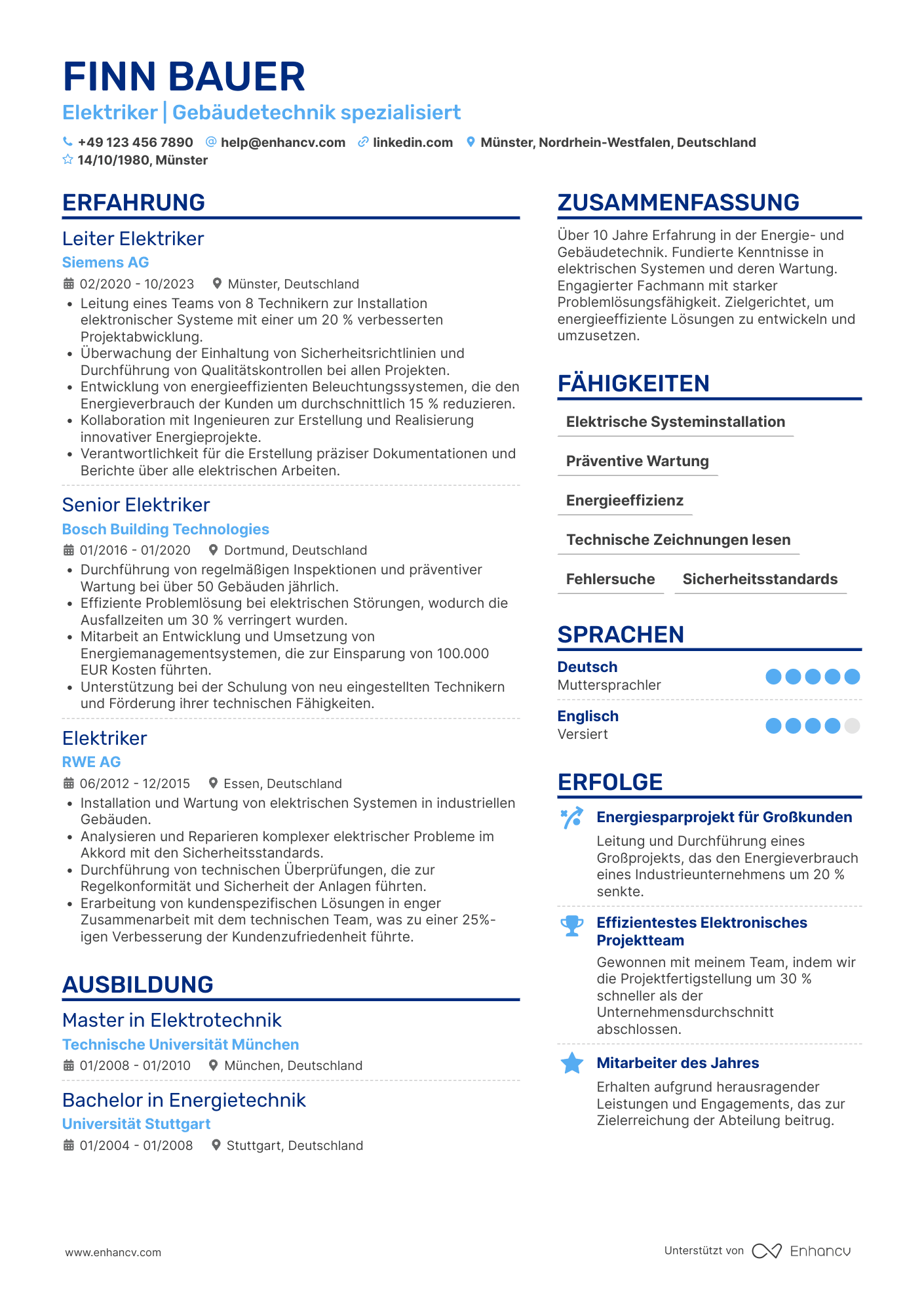 Lebenslauf als Elektriker für Energie  und Gebäudetechnik Resume Example
