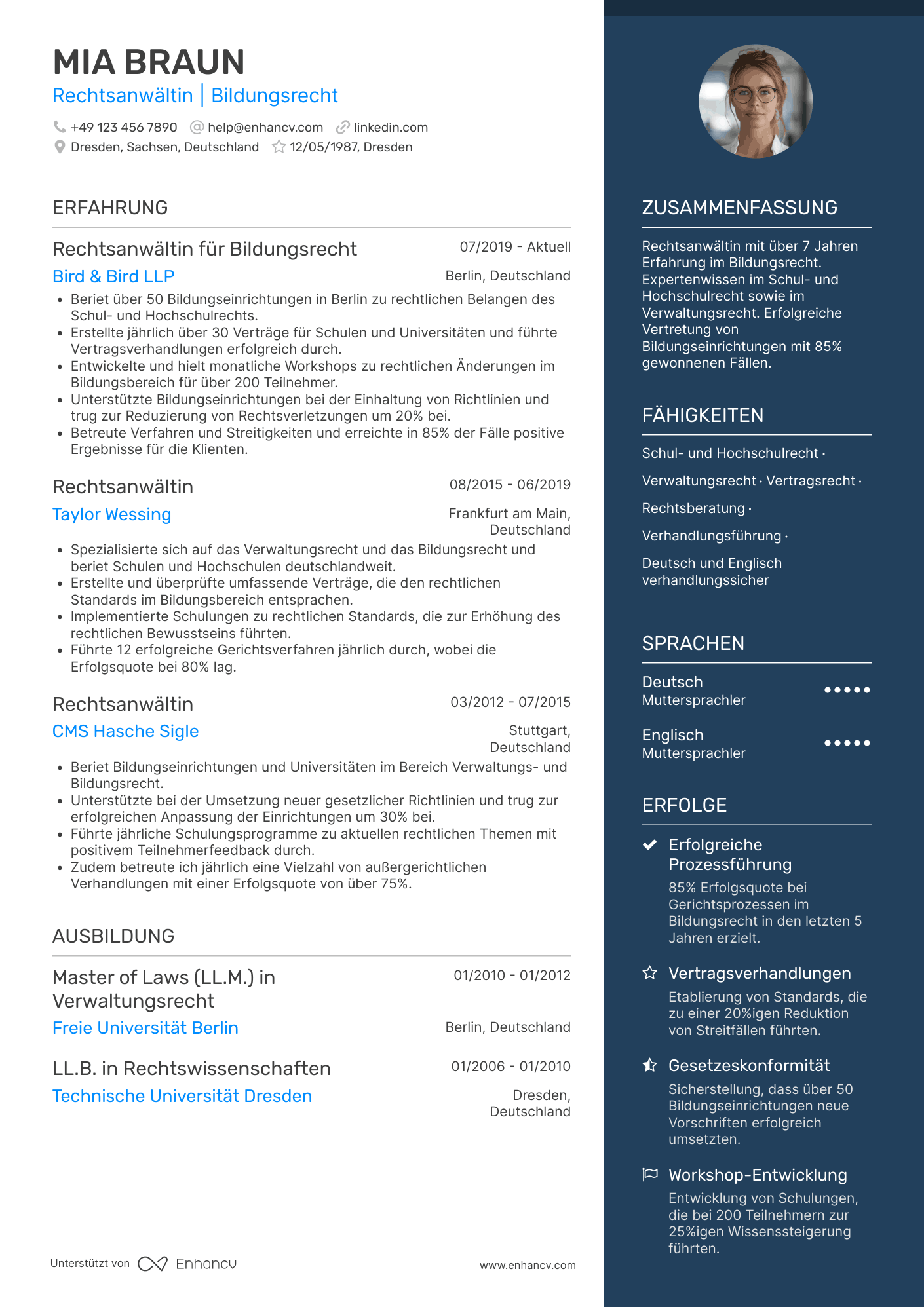 Lebenslauf in Rechtsanwalt für Bildungssektor Resume Example