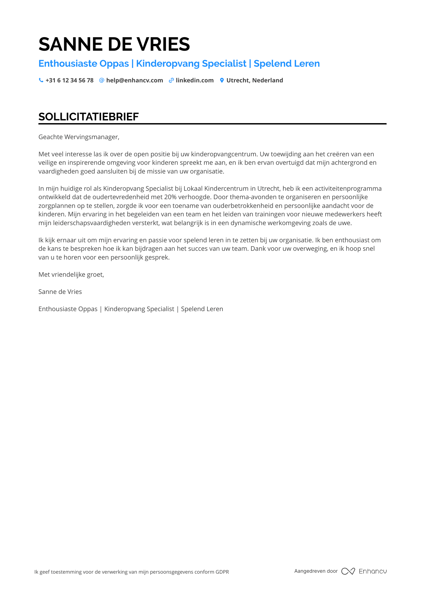 Sollicitatiebrief voor Seizoensgebonden Oppas Resume Example