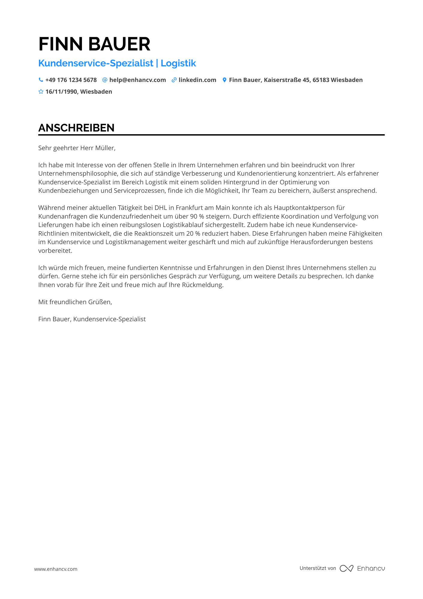 Kundenservice in der Logistik Resume Example