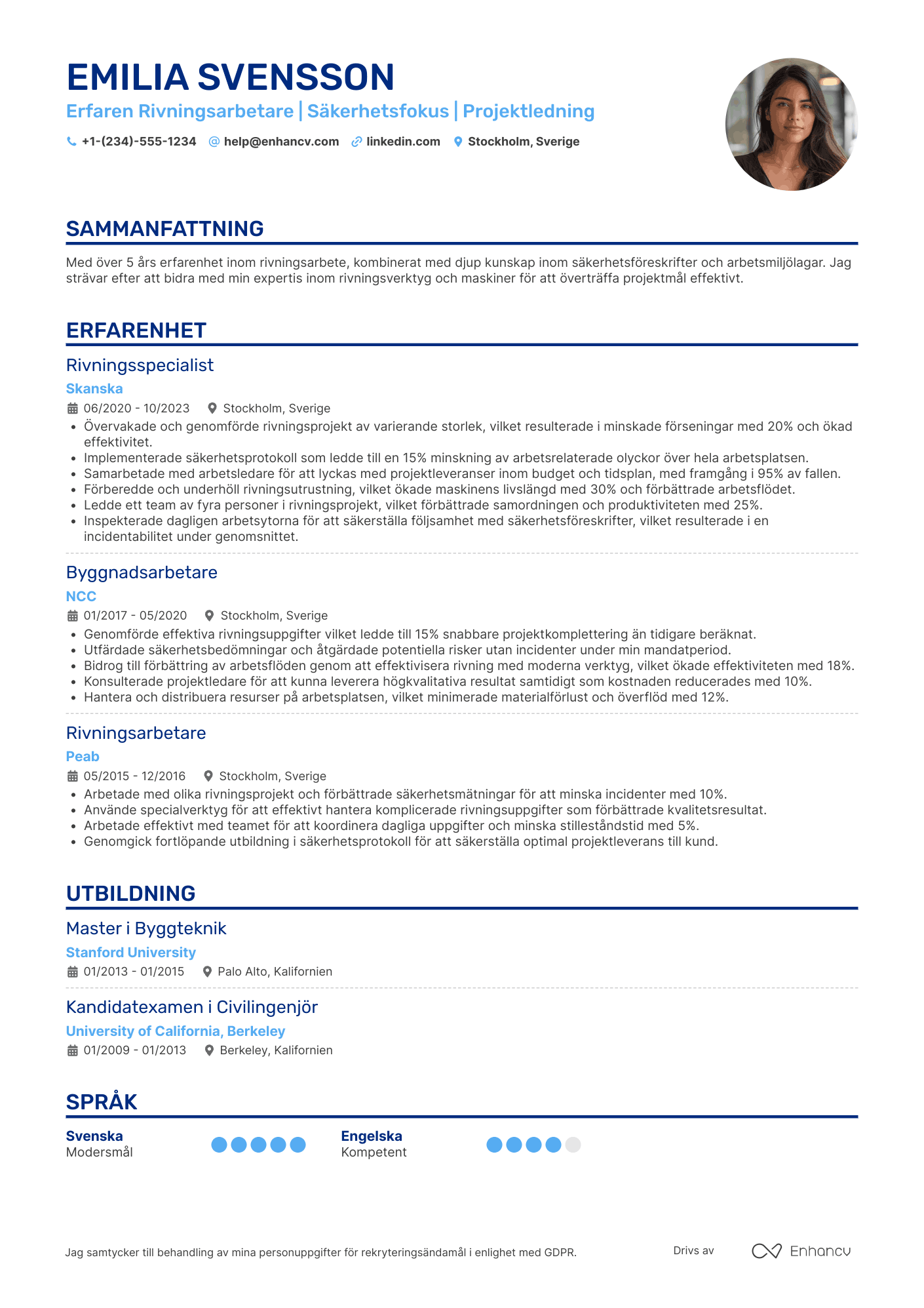 CV för Byggnadsarbetare Rivningsarbetare Resume Example