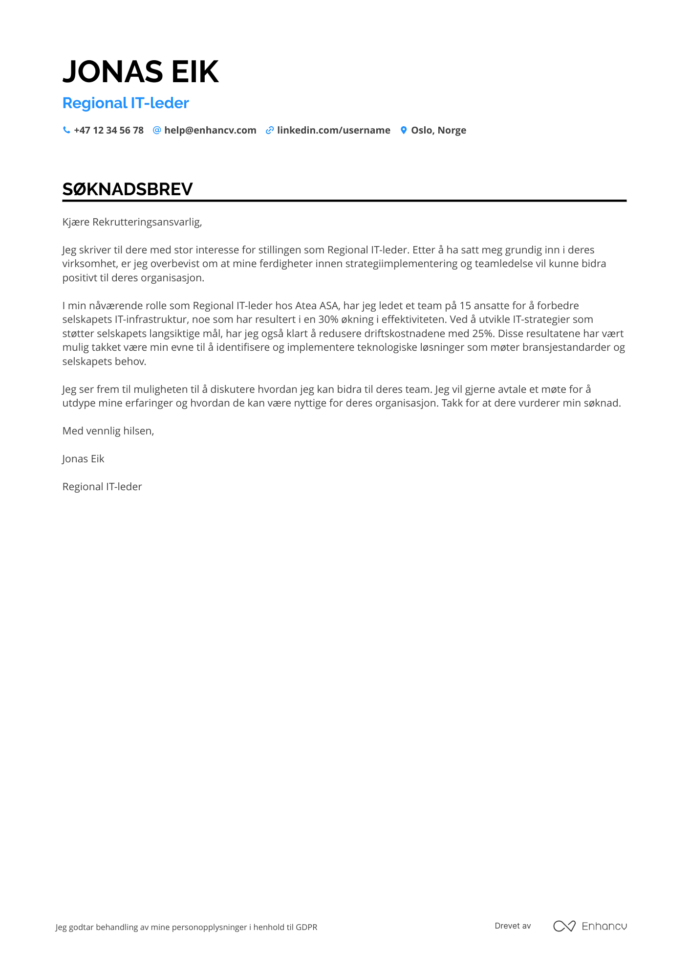Søknadsbrev for Regional IT leder Resume Example