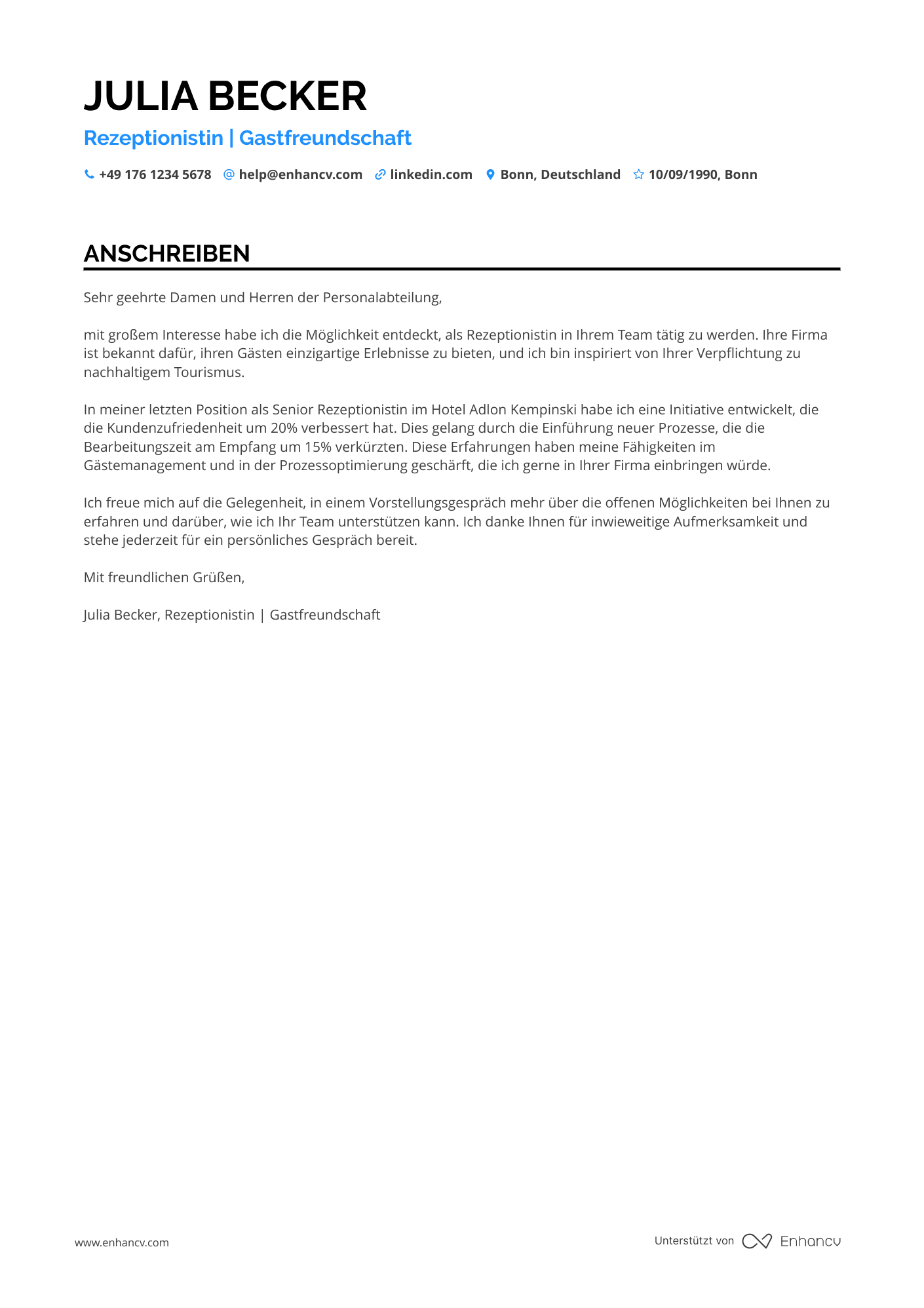 Mittelstufe Rezeptionistin Resume Example