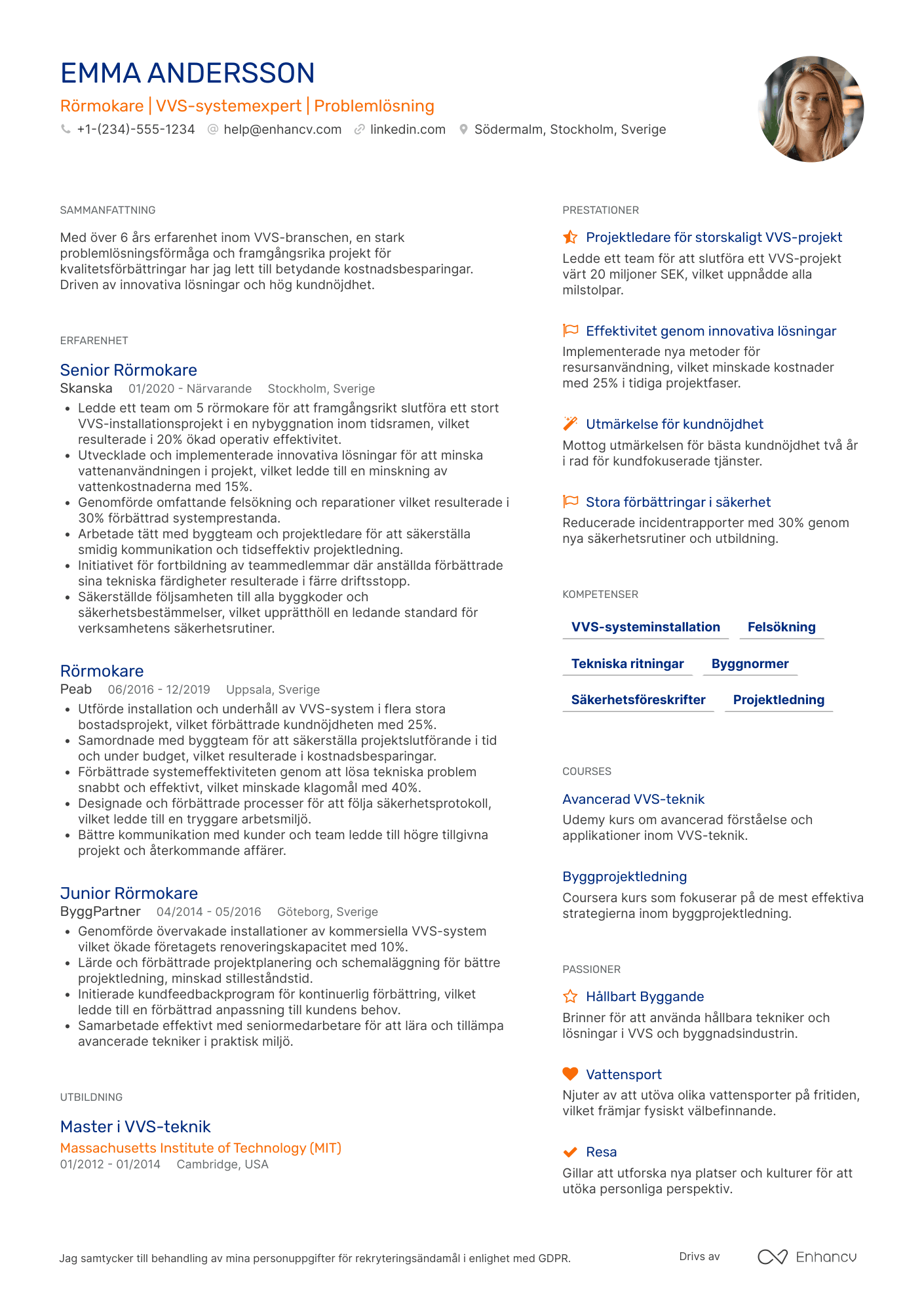 CV för Rörmokare inom Bygg Resume Example