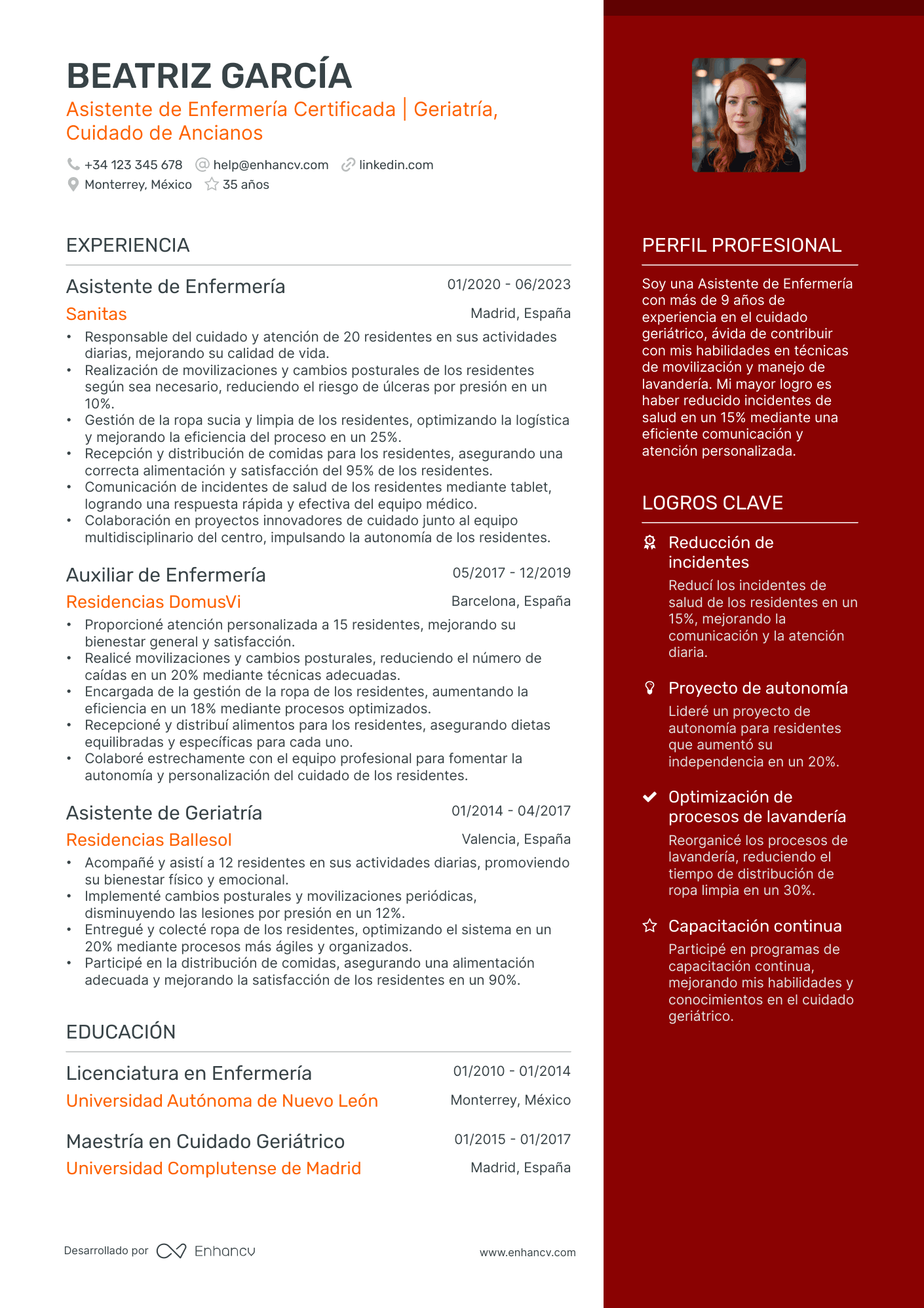 Enfermera de Geriatría Resume Example