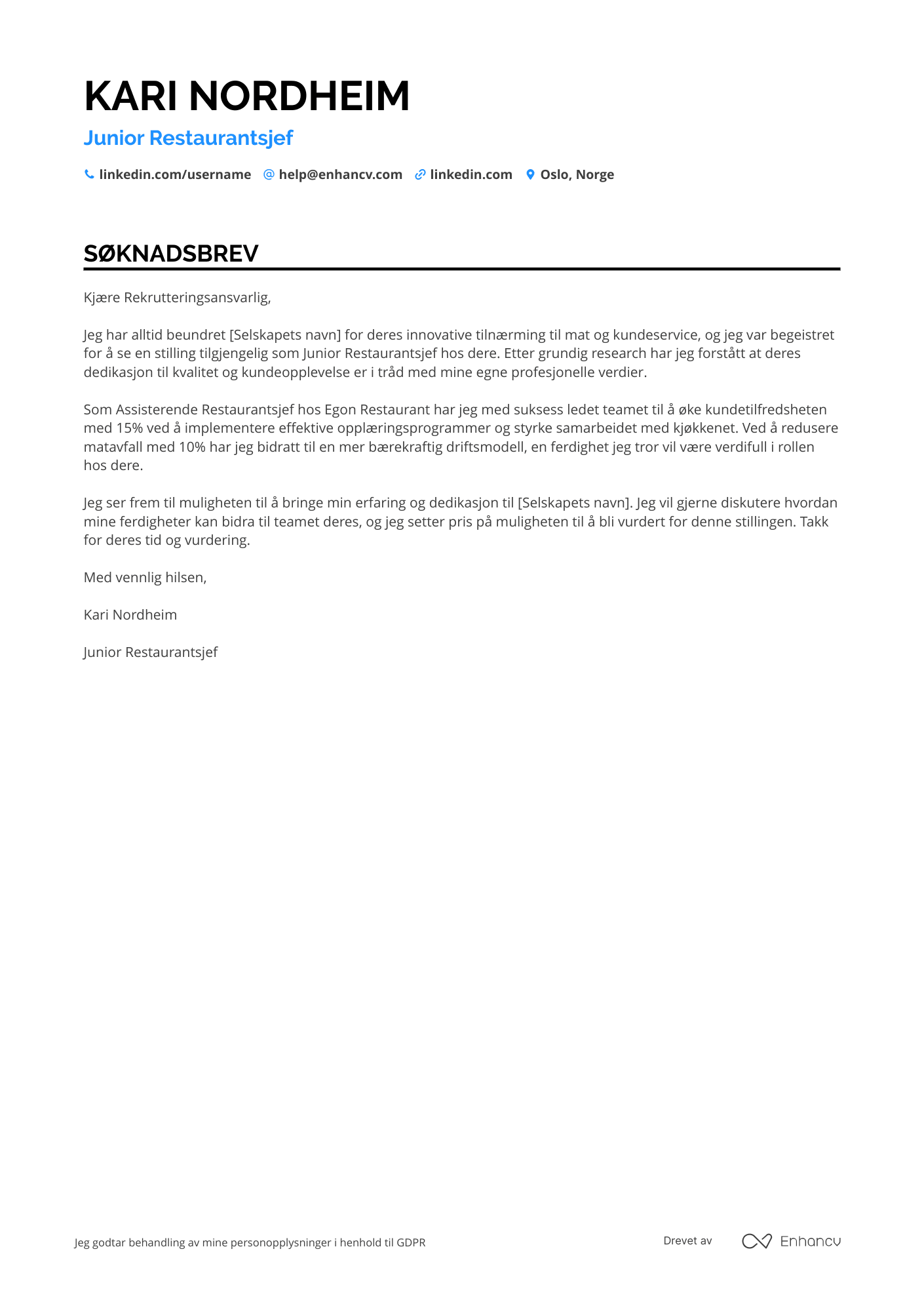 Søknadsbrev for Junior Restaurantsjef Resume Example