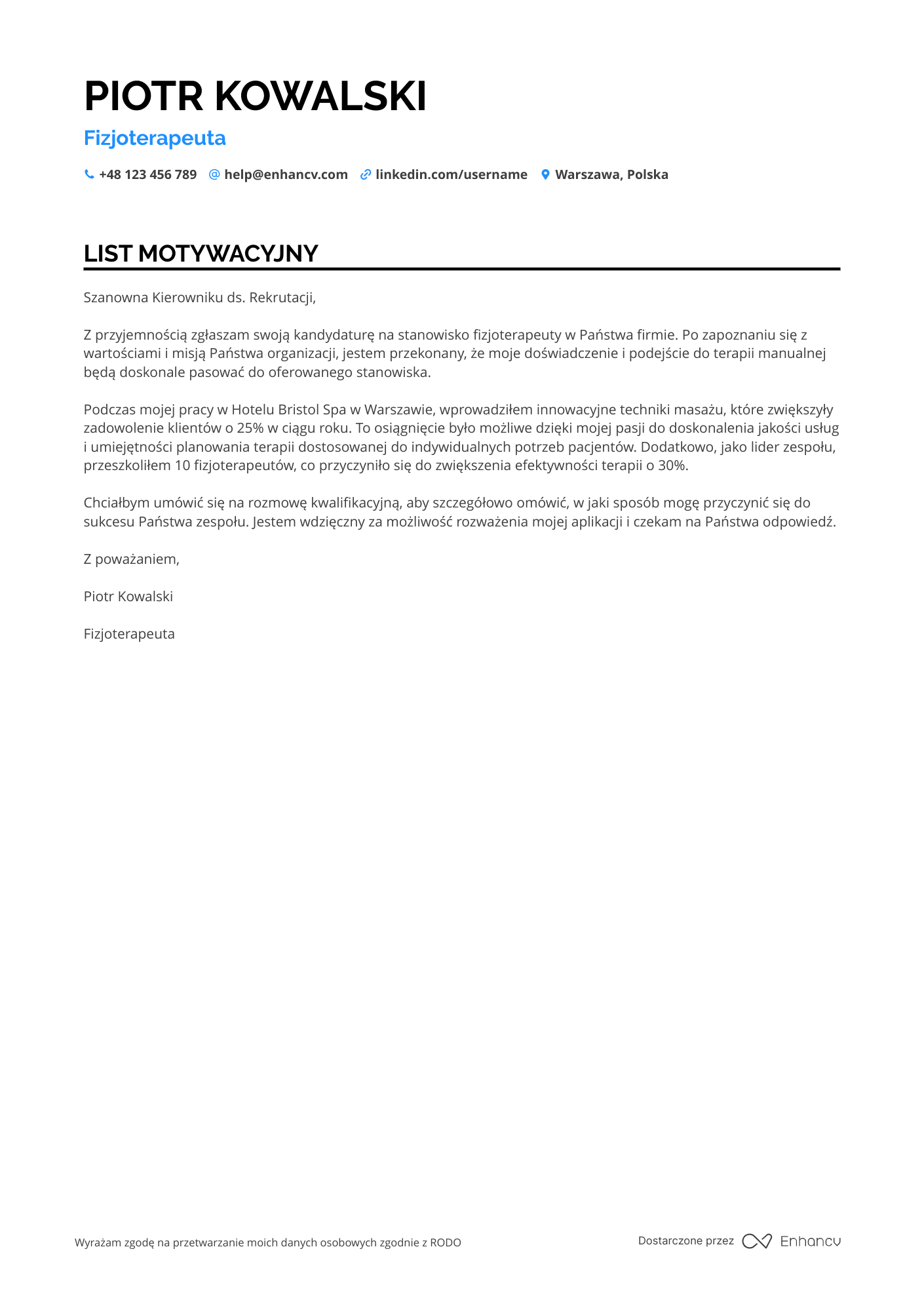 List motywacyjny dla Fizjoterapeuta w Centrum Spa Resume Example