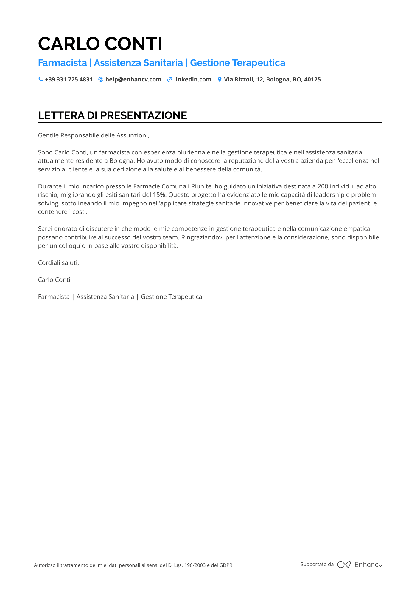 Farmacista Capo Resume Example