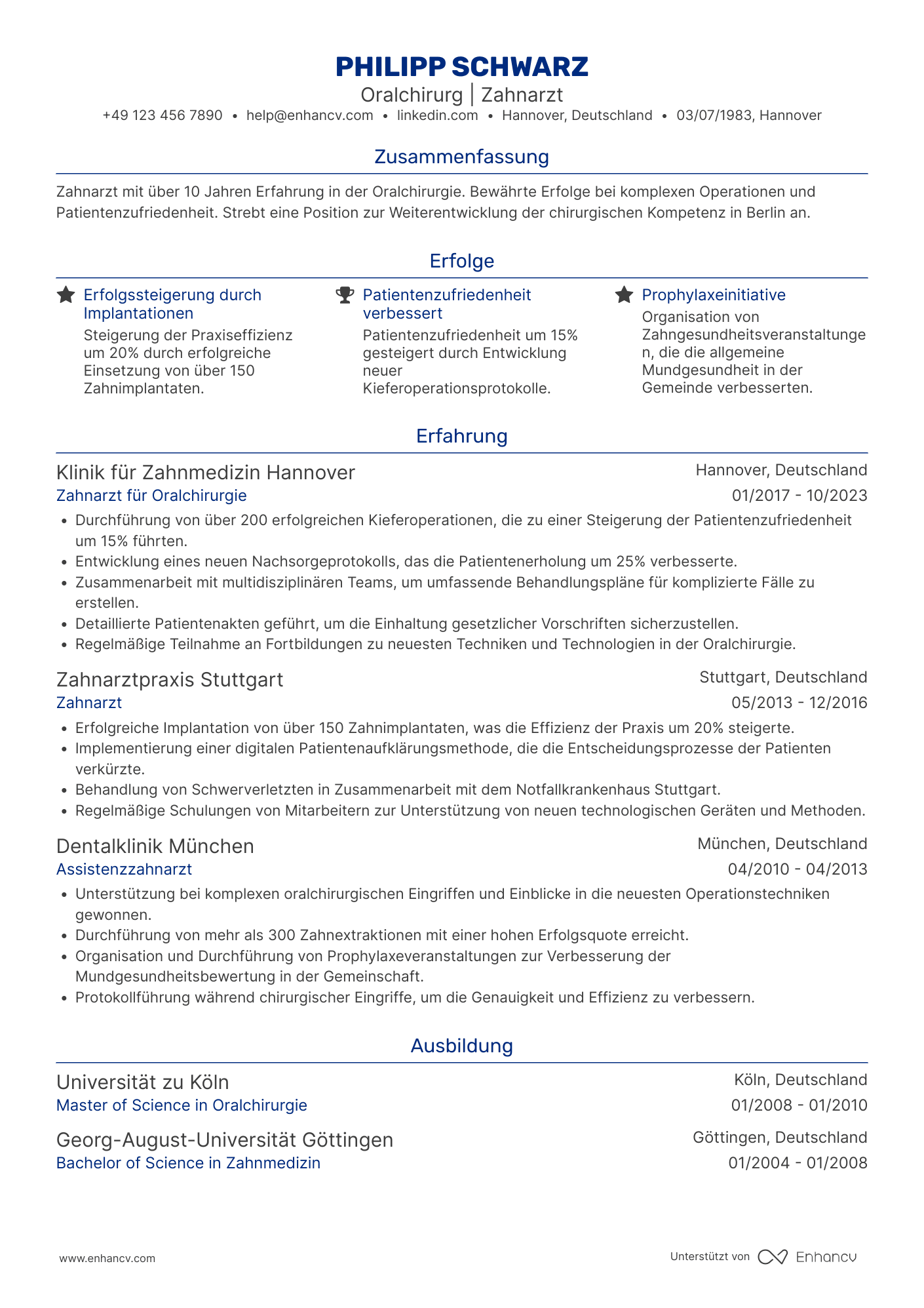 Lebenslauf als Zahnarzt für Oralchirurgie Resume Example