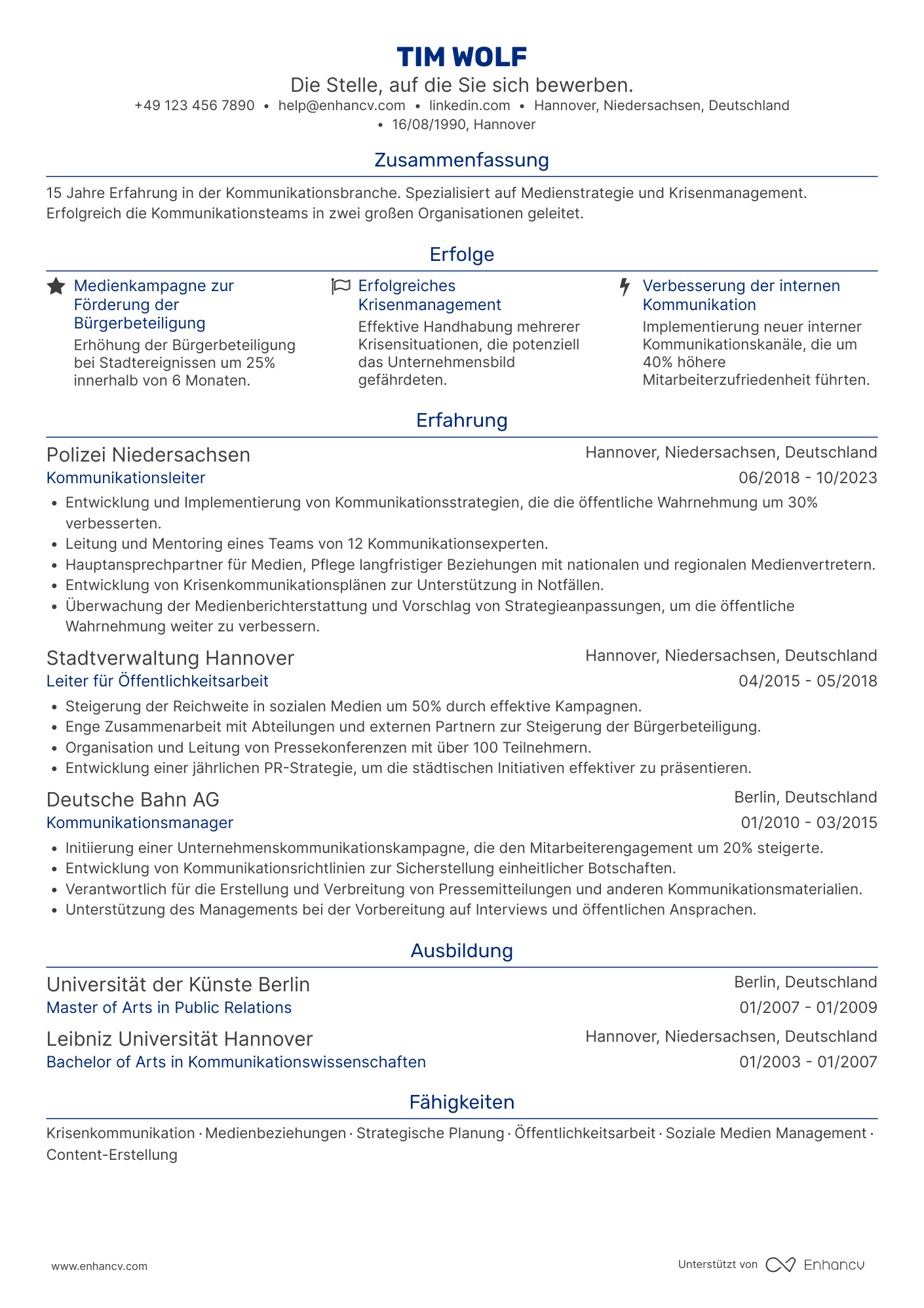 Lebenslauf als Polizei Kommunikationsleiter Resume Example
